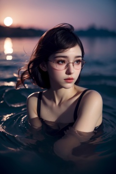 (by artist Aliza Razell:1.5),(1girl:1.3),round glasses,muscular,sea,night,front lighting,soak in water,lens 85mm,