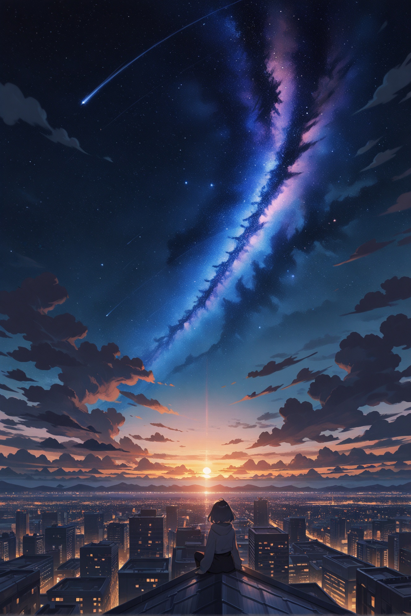 universe sky,art_sekuai7035,masterpiece,best quality,8K,ultra-high resolution,a girl sitting on a roof looking at far,city line,night city,cosmic stars,sunset,star \(sky\),sky,cloud,scenery,starry sky,starry sky,space,scenery,galaxy,night,night sky,