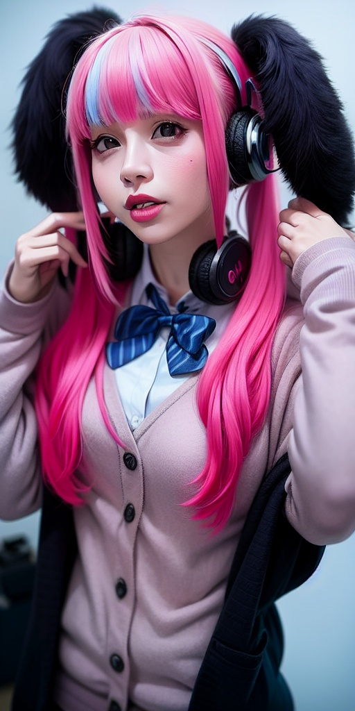 1girl,solo,pink hair,headphones,twintails,bangs,long hair,flower,bow,cardigan,blunt bangs,parted lips,black eyes,bowtie,lips,