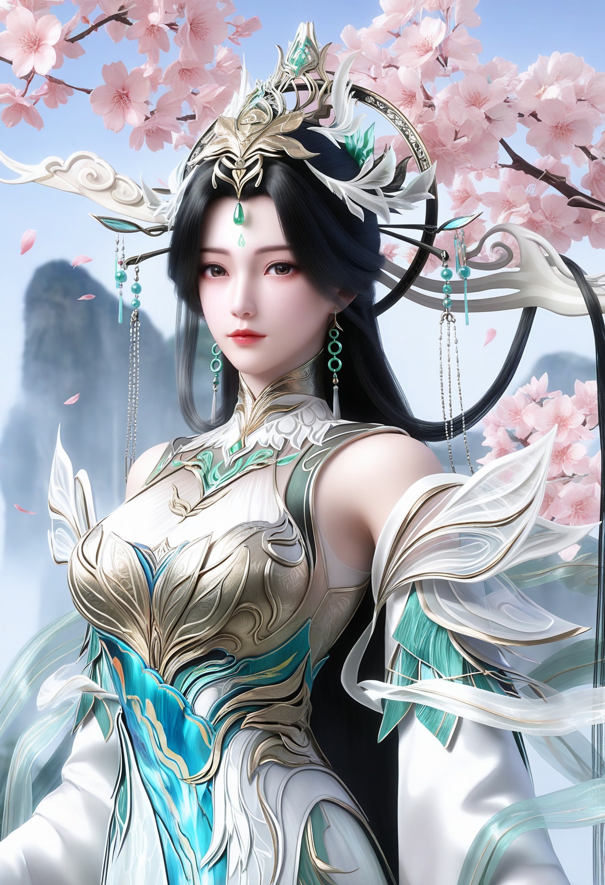 masterpiece,best quality,amazing quality,very aesthetic,high resolution,ultra-detailed,absurdres,scenery,photorealistic,(looking at viewer:1.1),upper body,peach blossom,falling petals,(large breasts:0.8),liushenwudidao,1girl,solo,black hair,hair ornament,long hair,jewelry,earrings,closed mouth,forehead mark,dress,forehead jewel,expressionless,detached sleeves,white dress,bare shoulders,long sleeves,chinese clothes,brown eyes,barefoot BREAK photorealistic details,<lora:QQSillliushenwudidaoV6:0.81>,