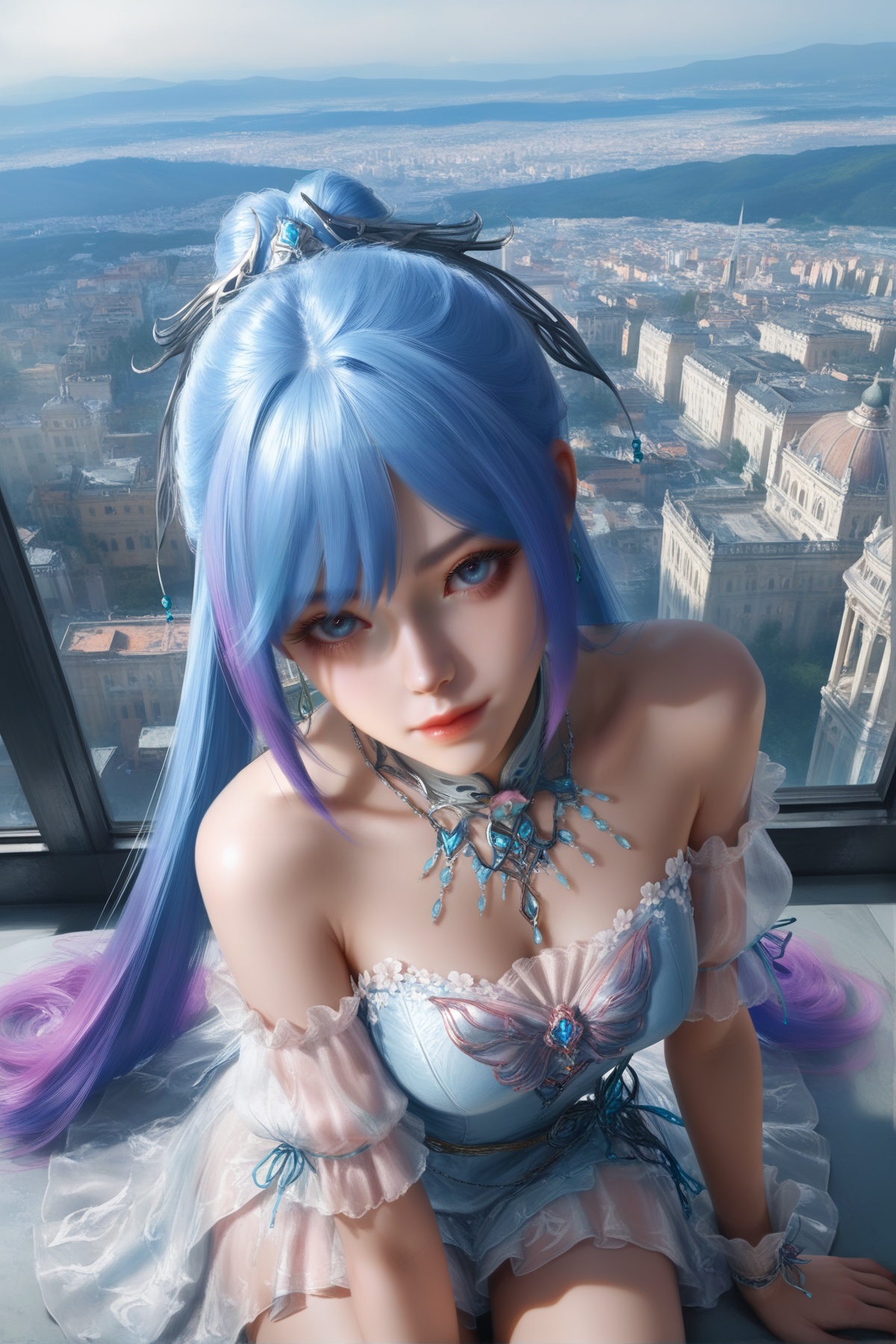 masterpiece,best quality,realistic,cinematic,detail eyes,(ultra-detailed),perfect composition,intricate details,absurdres,detailed face,high quality,high res,8K,<lora:X_tangwutong_smw_IL4.0:0.8>,blue hair,purple hair,multicolored hair,blue eyes,hair bun,twintails,1girl,long hair,breast,medium breast,hair_ornament,dress,looking_at_viewer,sitting,bare_legs,window,city,skyline,cityscape,(scenery:1.5),8k,good anatomy,good shading,ultra detailed,refined details,high resolution,HD,masterwork,nhl-001,limited palette,realistic,XUER guangying,748cmstyle,Gl9w,(artis:kukka:1.1),(artis:pigeon666:0.67),(artis:remsrar:0.65),(artis:yoneyama mai:0.74),(artis:konya karasue:0.55),(artis:ub1mo:0.34),(artis:dino_(dinoartforame):0.9),(artis:quasarcake:0.8),wlop,(artis:ebifurya:0.52),(artis:mossacannibalis:0.56),(artis:tianliang duohe fangdongye:0.8),(artis:z-ton:0.5),(photorealistic:1.2),(illustration:1.3),sharp focus,soft lighting,