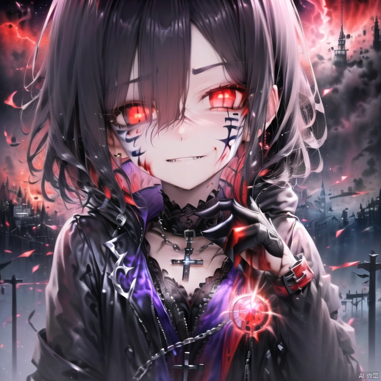 暗夜禁咒冥王之主(loli,bishoujo,kawaii,evil),evil smile,red eyes,black gloves,face close-up,girl,Delicate face (forest),red eyes,night,(kawaii),Cross bangs, Exquisite face and eyes,cute face,short (moon,evil smile,black hairs),(red face painting,kawaii)(bloom,red lightning), (dark),evil eyes,red eyes(beautiful detailed eyes), (green and glowing eyes,castle,black jacket)),bishoujo, Black hair, bangs,dark, purple eyes, single person, broken feeling, kawaii, cool feeling, castle, magic circle, kawaii,(upper body), hair strand, wet, short hair, (kawaii, medium hair,skull),((evil smile,crazy,dark_persona, crazy, medium hair,dark_persona, black hair,upper body)),cross band,wet hair, castle, hairpin, chains, ribbon_choker, collar, black colorful particles and light effects, night, kawaii, blackgloves(extremely detailed CG unity 8k wallpaper),(((extremely detailed face and eyes,extremely beautiful and delicate face and eyes,wallpaper, extremely detailed face and eyes,fluttered detailed surroundings,extremely detailed CG unity 8k wallpaper,amazing,highly detailed,)), (best illustration),(best shadow), ((an extremely delicate and beautiful)),(oil painting \(medium\):1.5),evil expressionless,purple magic,green magic((medium hair, black hair, streaked hair, short hair with long locks, bangs, long bangs,hair over eyes, hair behind ear,looking at viewer,((expressionless)),short hair with long locks,dyed bangs,((castle)), weapons,((magic_circle)), purple ,black gloves,pupils,green, beautiful detailed eyes, red eyes, glowing eyes,coat, ((dagger,red eyes)),black gloves,grabbing, solo,,upper body,kawaii,((black jacket,delicate face))(blood on face,red face painting)((kawaii,bishoujo,black hairs)),wristwatch,chains,city,((coat)),evil eyes,bishoujo,(purple,jacket,) ,fire ,skull,short hair with long locks, dyed bangs,((Red magic special effects, red lightning, red magic light effects,face close-up,kawaii,Red light,red lightning,kawaii,bishoujo)),(opening jacket,upper body),black hairs<lora:EMS-309992-EMS:0.230000>, <lora:EMS-302518-EMS:0.600000>, <lora:EMS-314300-EMS:0.500000>