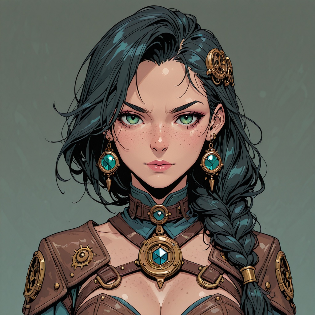D&D Painterly,  A digital illustration featuring a young woman with fair skin and striking green eyes,  set against a mute...