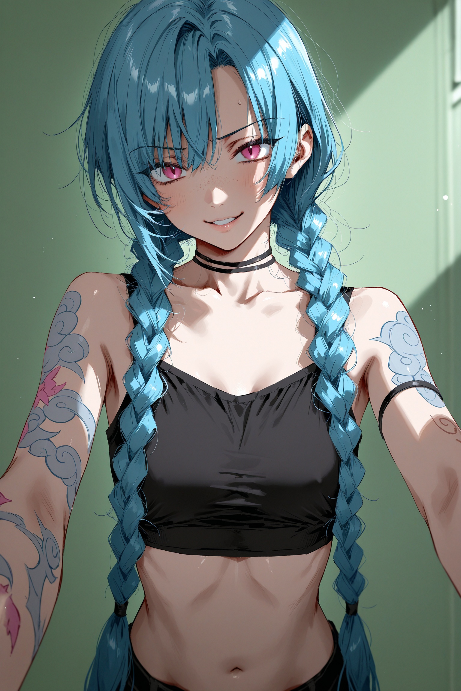 usnr,(yd \(orange maru\):0.9),(misaki kurehito:0.8),(na tarapisu153:1.3),akizone,sketch,volumetric lighting,masterpiece,best quality,amazing quality,good quality,newest,highres,absurdres,very aesthetic,detailed,very awa,1girl,solo,long hair,breasts,looking at viewer,v-shaped eyebrows,smile,parted lips,navel,bare shoulders,twintails,blue hair,collarbone,braid,parted lips,pink eyes,twin braids,crop top,tattoo,blurry background,freckles,green background,asymmetrical bangs,arm tattoo,shoulder tattoo,stomach tattoo,jinx (league of legends),masterpiece,best quality,amazing quality,masterwork,cinematic light,harsh shadows,light and shadows,perfect composition,