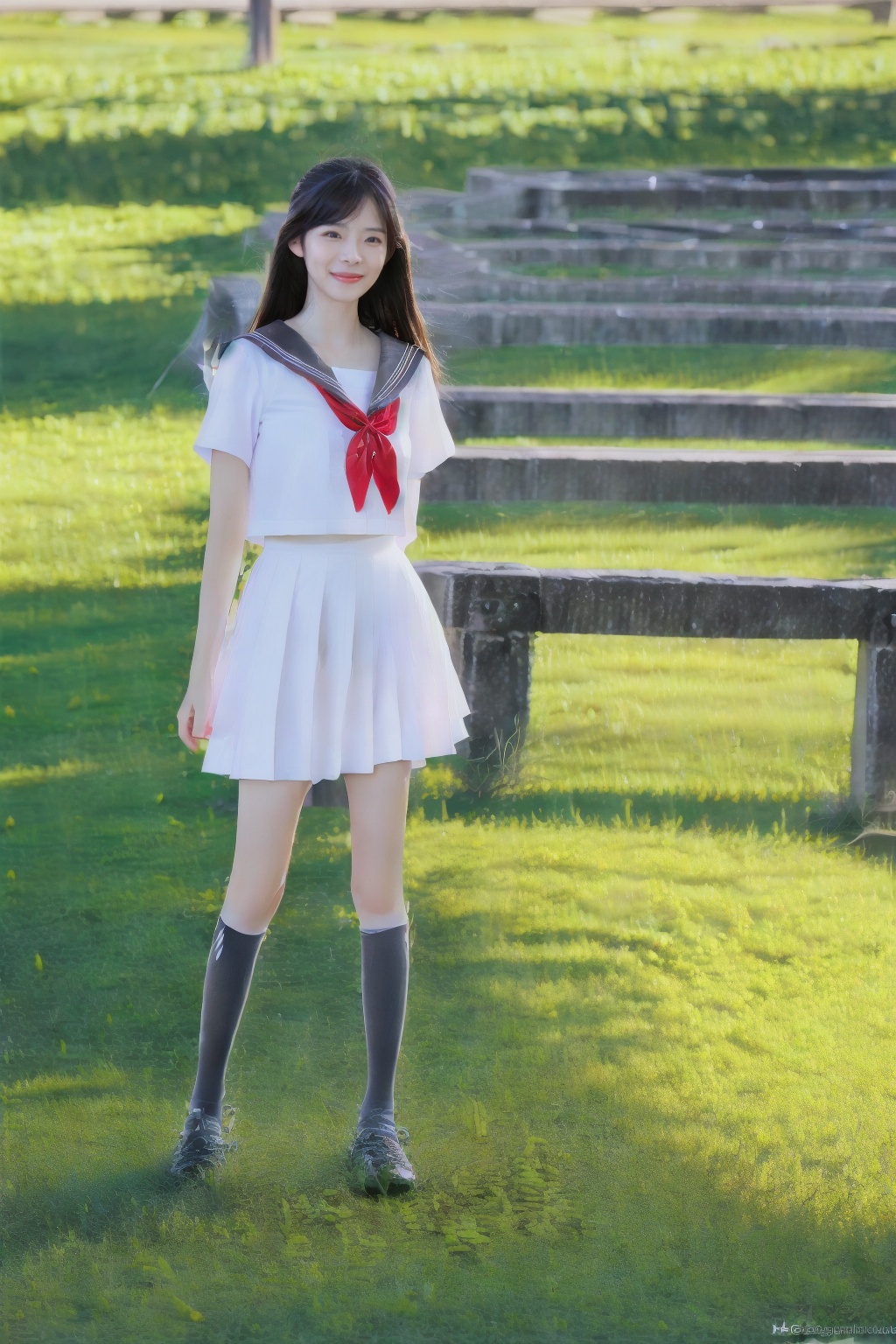 (1girl:1.3), (best quality, masterpiece, ultra high resolution),(photorealistic:1.3), (realistic:1.3), depth of field,(full body:1.2), (outdoors:1.2), (day:1.2), (cinematic lighting:1.2), front view, facing to camera,    <lora:UniformShuishou:0.9>