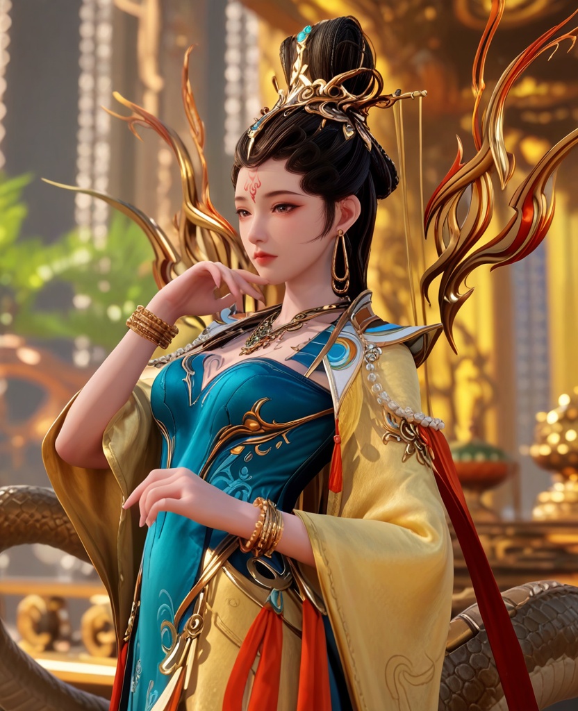 (oriental architecture, elegant decor, sophisticated style:1.1),(showing indifference:1.1),(breasts:1.2),<lora:XL师兄啊女娲圣人:0.95>,miss nuwa,snake tail,jewelry,earrings,forehead mark,bracelet,chinese clothes,blue dress,shawl sleeves,brown eyes,hair bun,necklace,, score_9,score_8_up,score_7_up,score_6_up,score_5_up,score_4_up,3d rendering,tag1,tag2, Cinematic Lighting,backlighting,