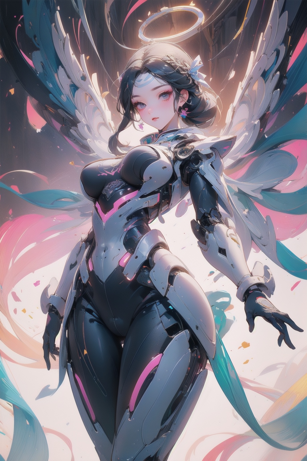 1girl,moyou,dynamic poses, ,humanoid robot,wings,halo, finely detail,masterpiece,high resolution,1girl,hanfu, Chinese Traditional cloth,ultra-detailed, female focus,(chinese style:1.2),extreme detailed,gufeng, gradient,solo,chest pleated skirt, mature female, (wide hips), pantyhose,,makeup,eyeshadow, looking at viewer, bang,extremely detailed CG,original, ( highest detailed hair,hair ribbon, headband, braid, side braid,long hair),scenery,chinese architecture,light particles, light rays , perfect lighting,athletic,complex artistic composition,stunning colors, bold colors, 