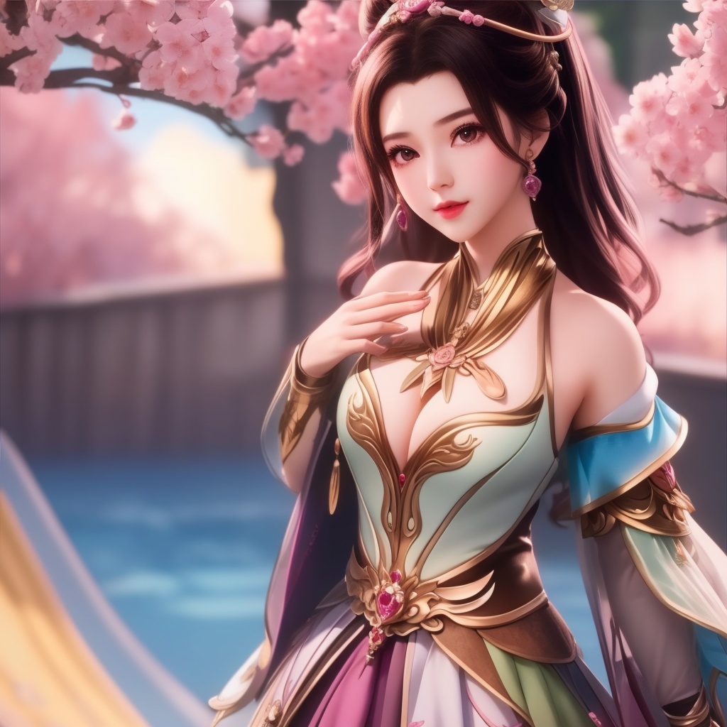 <lora:715-DA-师兄啊师兄-龙吉:0.8>(,1girl, ,best quality, ),looking at viewer,  ,ultra detailed background,ultra detailed background,ultra realistic 8k cg,, ,masterpiece, (( , )),, ,   ,   cure blossom,  ,,  (cleavage), (), ,,