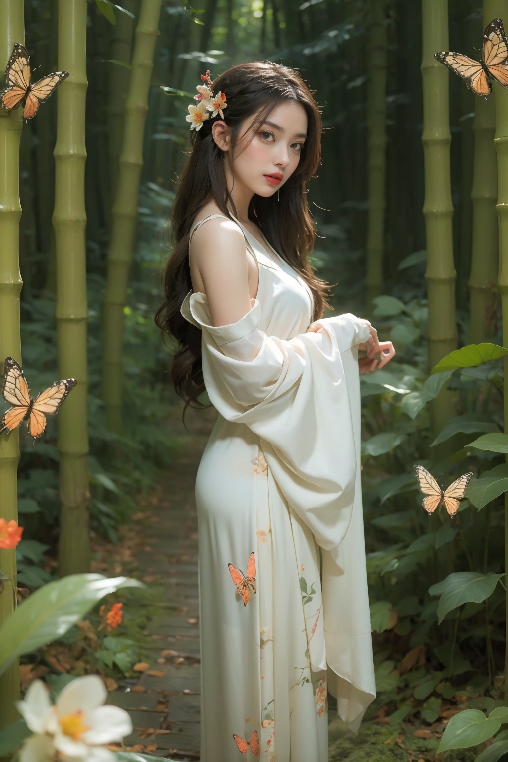 (masterpiece:1.2),best quality,highres,extremely detailed CG,8k wallpaper,photograph,night,1girl,forest system,nature,butterfly,bug,long hair,butterfly,hair ornament,sleeves flying,ribbon trim,looking at viewer,hanfu,barefoot_sandals,makeup,red lips,bare shoulders,lipstick,hair flower,<lora:FF_20240114010424-000007:0.7>,