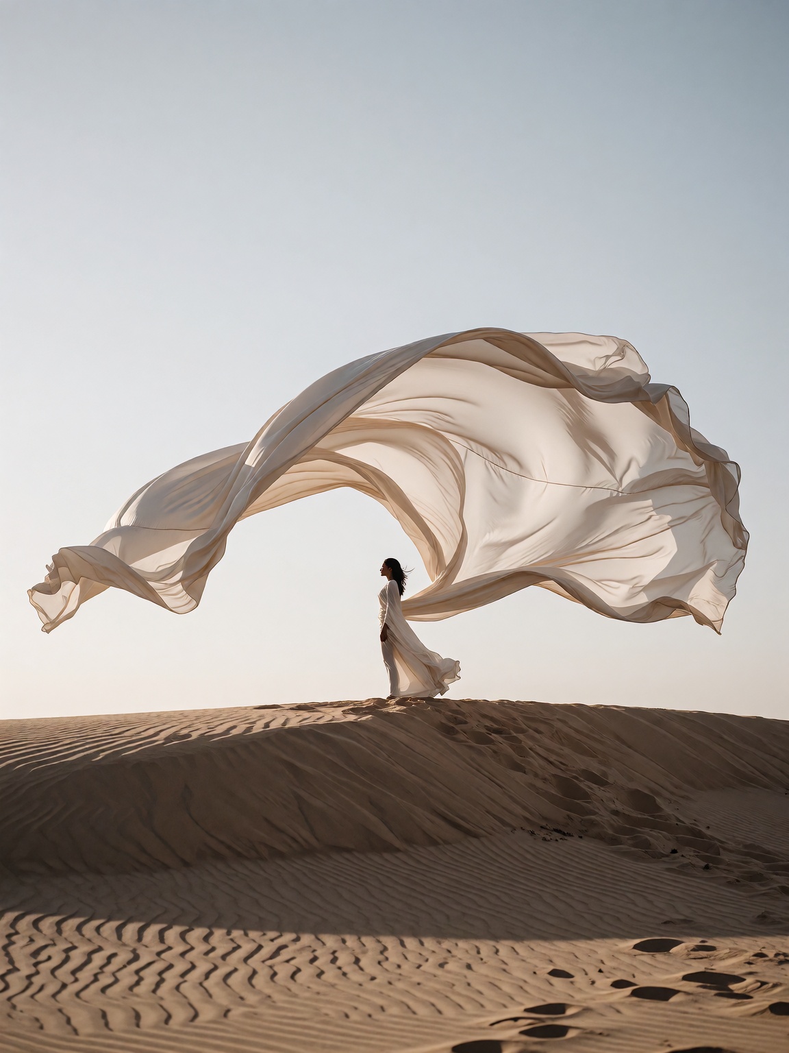 luxury fashion editorial in desert,  small distant figure in profile standing on dune ridge,  gigantic flowing fabric lift...