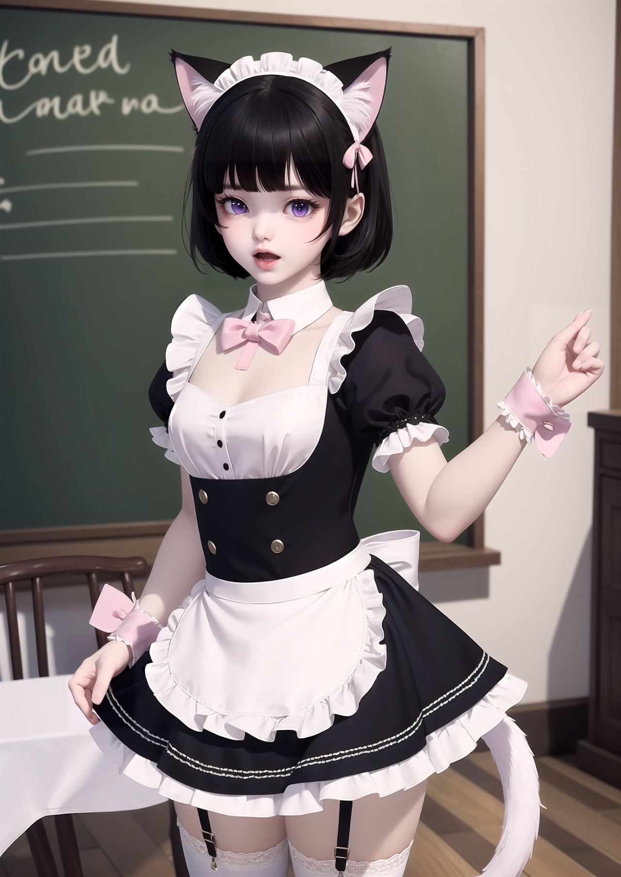 masterpiece,best quality,animal ears,tail,thighhighs,maid,cat ears,maid headdress,cat tail,solo,black hair,purple eyes,white thighhighs,short hair,apron,garter straps,1girl,open mouth,bow,short sleeves,detached collar,wrist cuffs,balloon,maid apron,looking at viewer,dress,blush,pink bow,frills,indoors,cat girl,puffy sleeves,bowtie,blurry,puffy short sleeves,white apron,chalkboard,blurry background,black dress,animal ear fluff,standing,embarrassed,frilled apron,pink bowtie,
