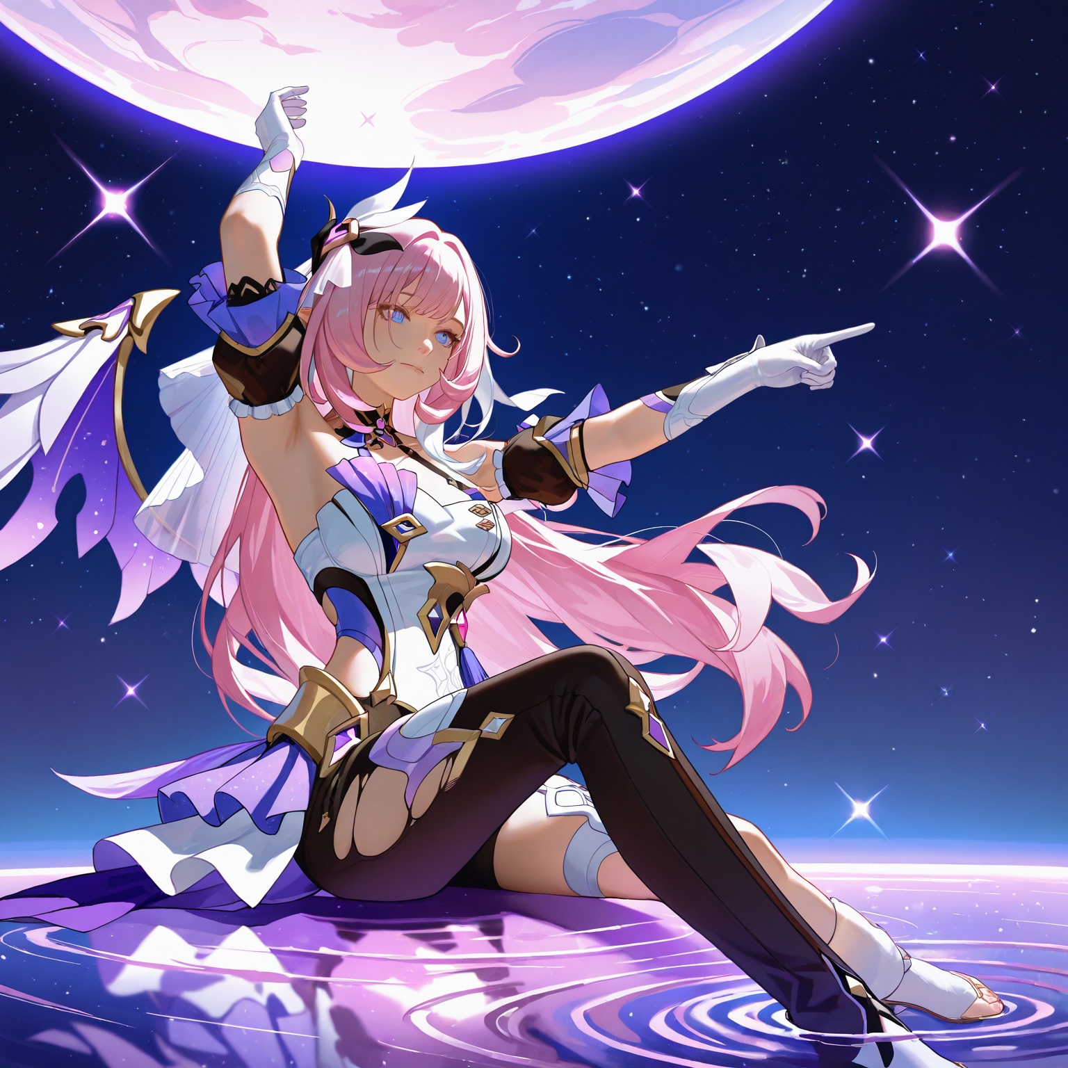 realistic,2.5D,photorealistic,1boy 1girl absurdres arm_up arms_up asymmetrical_horns back bandages black_pants black_wings chinese_commentary couple detached_sleeves diabolic_kevin_(honkai_impact) dress elysia_(herrscher_of_human:_ego)_(honkai_impact) elysia_(honkai_impact) from_behind gloves hair_ornament highres honkai_(series) honkai_impact_3rd horns huainianbeijiaozuowangyinshaonianderizi index_finger_raised kevin_kaslana long_hair pants pink_hair planet pointing purple_background ripples short_hair short_sleeves single_wing sitting sky space star_(sky) starry_sky tail torn torn_wings uneven_horns veil wavy_hair white_dress white_gloves white_hair white_veil wings,