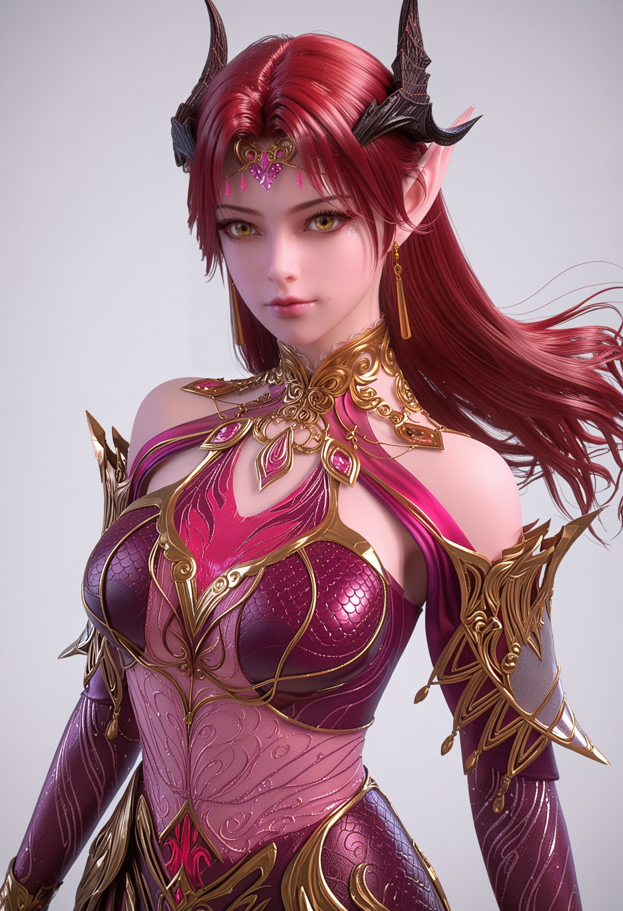 score_9,high detail,best quality,shiny skin,shiny,yaoyexun,1girl,solo,yellow eyes,red hair,long hair,jewelry,white background,pointy ears,horns,earrings,simple background,bare shoulders,breasts,dress,lips,closed mouth,armor,realistic,looking at viewer,cowboy shot,<lora:QQSponyyaoyexunV1:0.8>,<lora:Pony_DetailV2.0:0.8>,<lora:皮肤凹痕:0.1>,