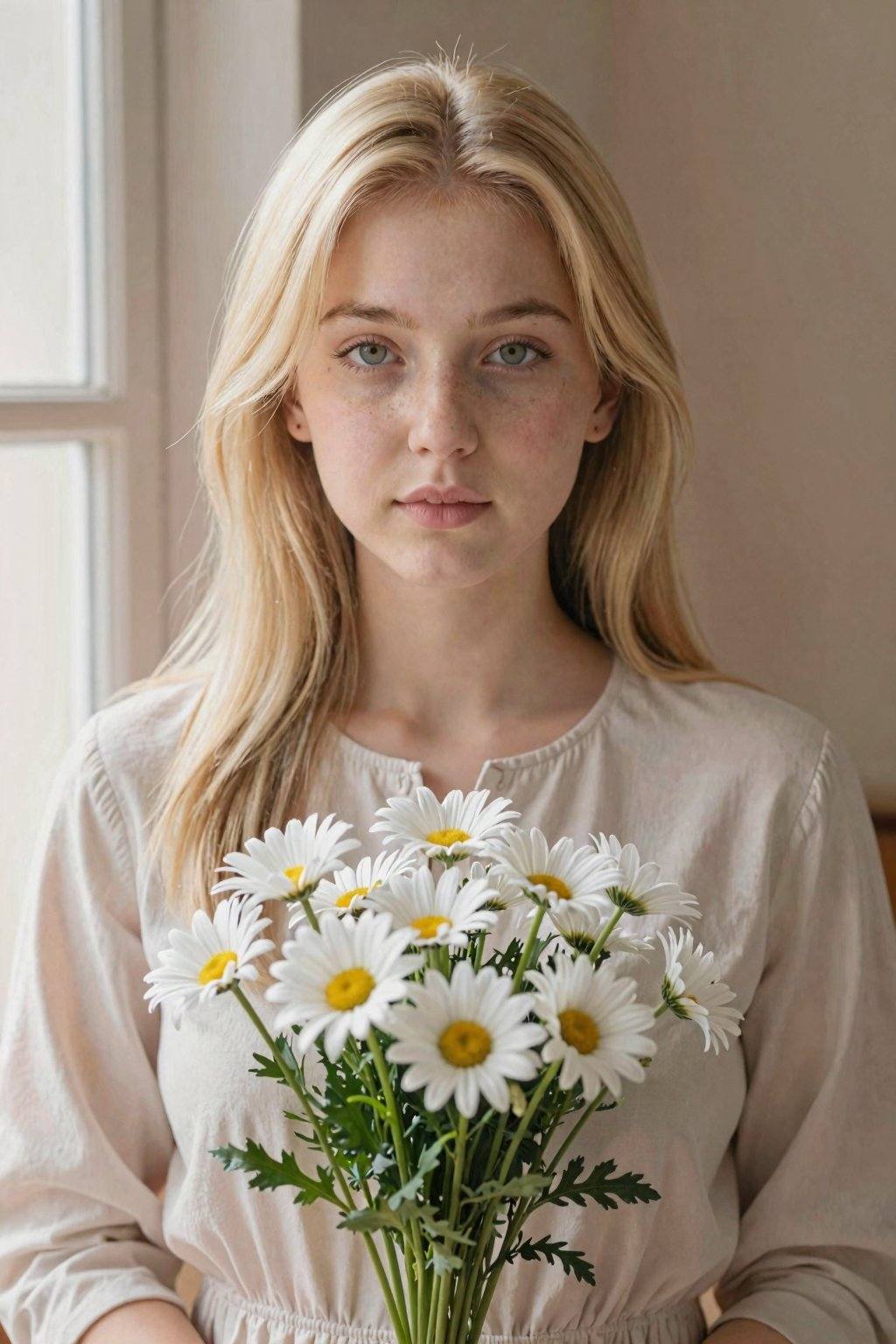 A young, fair-skinned woman, likely Caucasian, is the central subject of the image. She appears to be in her early twenties. She has long, straight, blonde hair framing her face, and her gaze is directed towards the viewer. Her facial features include green eyes, delicate freckles across her nose and cheeks, and a slightly neutral expression. She is wearing a light-colored, long-sleeved dress or shirt with a collared neckline. She's holding a bouquet of white daisies with yellow centers, held at chest level. The setting appears to be indoors, near a window, with warm-toned walls. The lighting is soft and natural, coming from the window, and casting gentle shadows. The composition is a medium shot, framing the woman from the chest up. The style is somewhat naturalistic, with a soft, inviting atmosphere, conveying serenity.
