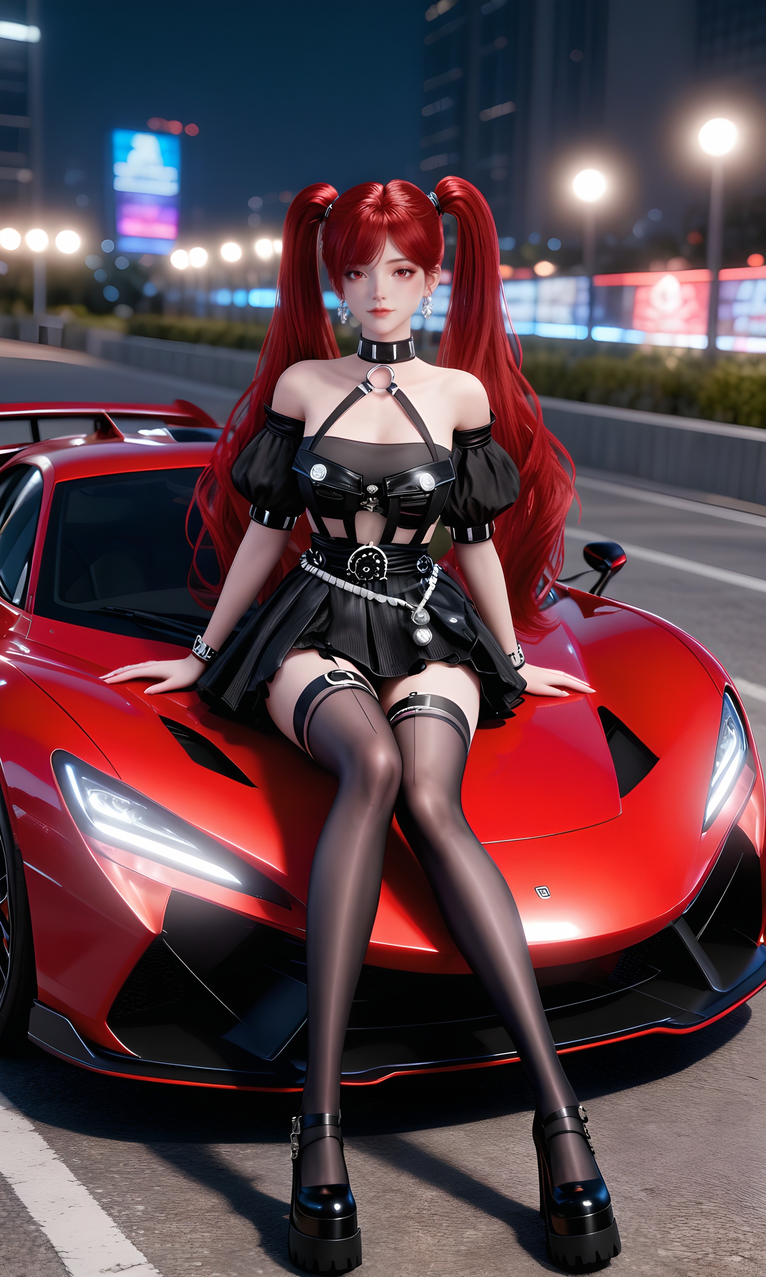 <lora:王牌竞速-神剑号车姬Pony:0.7>,1girl,long,vibrant red hair,twintails,red eyes,provocative,gothic-inspired outfit,black,off-the-shoulder crop top,cutouts,short,pleated mini skirt,choker,belt adorned with silver chains,thigh-high stockings and black high-heeled shoes,posing in front of a sleek,shiny red sports car. The car she is sitting on is a futuristic,aerodynamic supercar with sharp lines and a glossy finish,with its headlights and taillights illuminated. The background shows a cityscape at night with tall buildings and a cityscape,illuminated by colorful neon lights and streetlights. The overall style of the artwork is hyper-realistic,with a focus on detailing and shadows to create a sense of depth and realism,