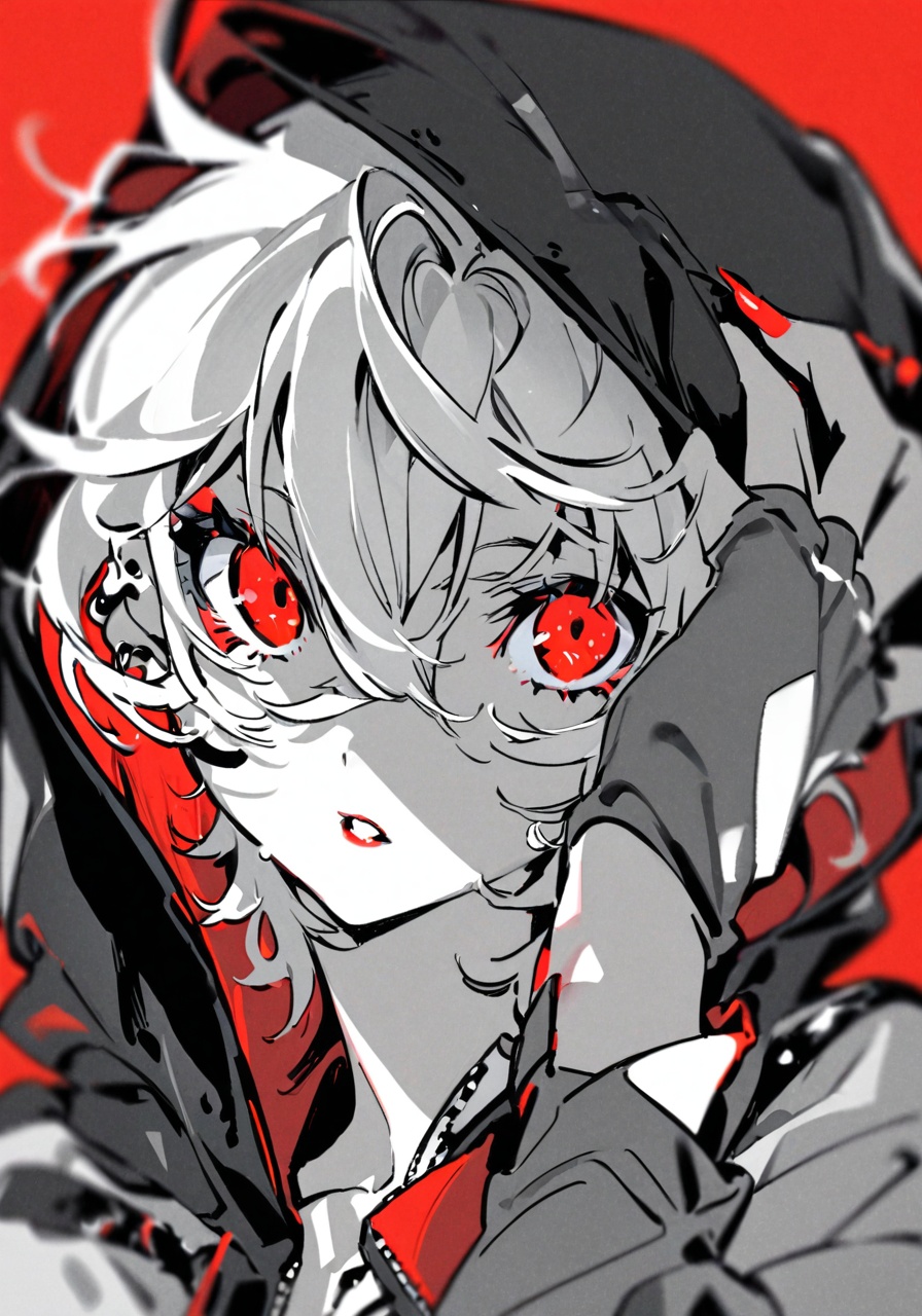 masterpiece, best quality, <lora:yoneyama-a31-000020:1>,yoneyama mai,solo, red eyes, red background, looking at viewer, 1girl, hair between eyes, earrings, jewelry, parted lips, red nails, fingernails, gloves, upper body, short hair, nail polish, fingerless gloves, spot color, ear piercing, hood, bangs, hand up, piercing, simple background, white hair, red theme, monochrome, portrait, hoodie, heart