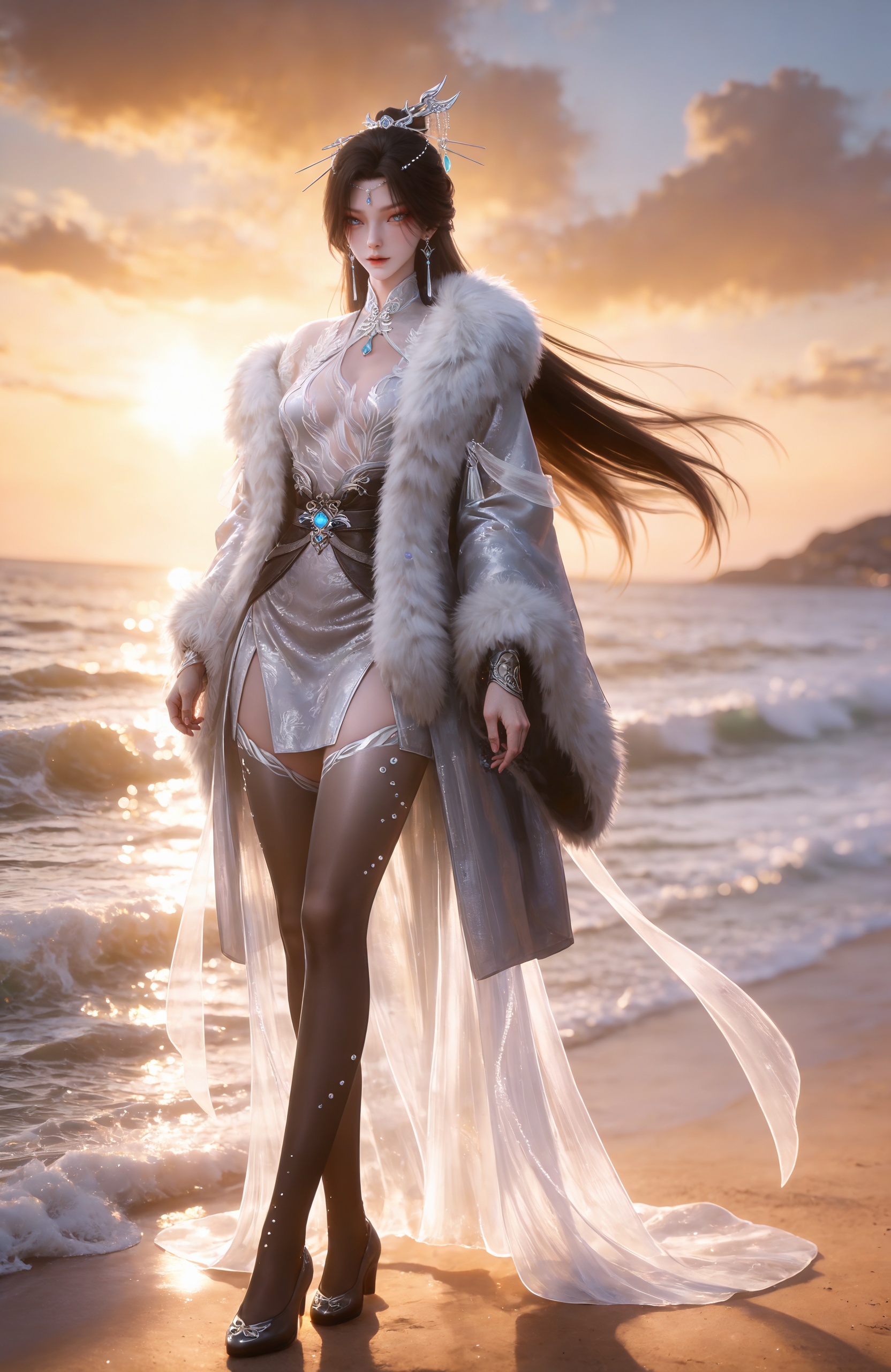 <lora:神墓-南宫仙儿IL:0.7> 1girl, long hair, hair ornament, earrings, brown hair, hair bun, chinese clothes, white dress, pantyhose,black thighhighs, coat, fur trim, long sleeves, cleavage cutout, black footwear,, realistic style photo,outstanding style,Use soft lighting to cast gentle shadows on the subject,adding a touch of dimension to your images without compromising details,whirls of vapor,(Anime:1.1),soft neon light,ethereal ambiance,delicate details,magical atmosphere,concept art,highly detailed,ultra-high resolution,32K UHD,sharp focus,best-quality,masterpiece,golden hour,unconventional supreme masterpiece,masterful details,temperate atmosphere,with a high-end texture,in the style of fashion photography,magazine style,Dynamic Angle,Dynamic posture,magazine style,Dynamic Angle,Dynamic posture,(cowboy_shot:1.2),eye trail,depth of field,cinematic lighting,lens flare,close-up,extreme aesthetic,(wlop:0.6),(honjou raita,lack,rella,wanke:0.5),masterpiece,best quality,good quality,newest,year 2025,very aesthetic,absurdres,Visual impact,A shot with tension,ultra-high resolution,32K UHD,sharp focus,best-quality,masterpiece,Emotionalization,unconventional supreme masterpiece,masterful details,temperate atmosphere,with a high-end texture,in the style of fashion photography,(Visual impact:1.2),giving the poster a dynamic and visually striking appearance,, standing,Seaside,beach,waves,full body,