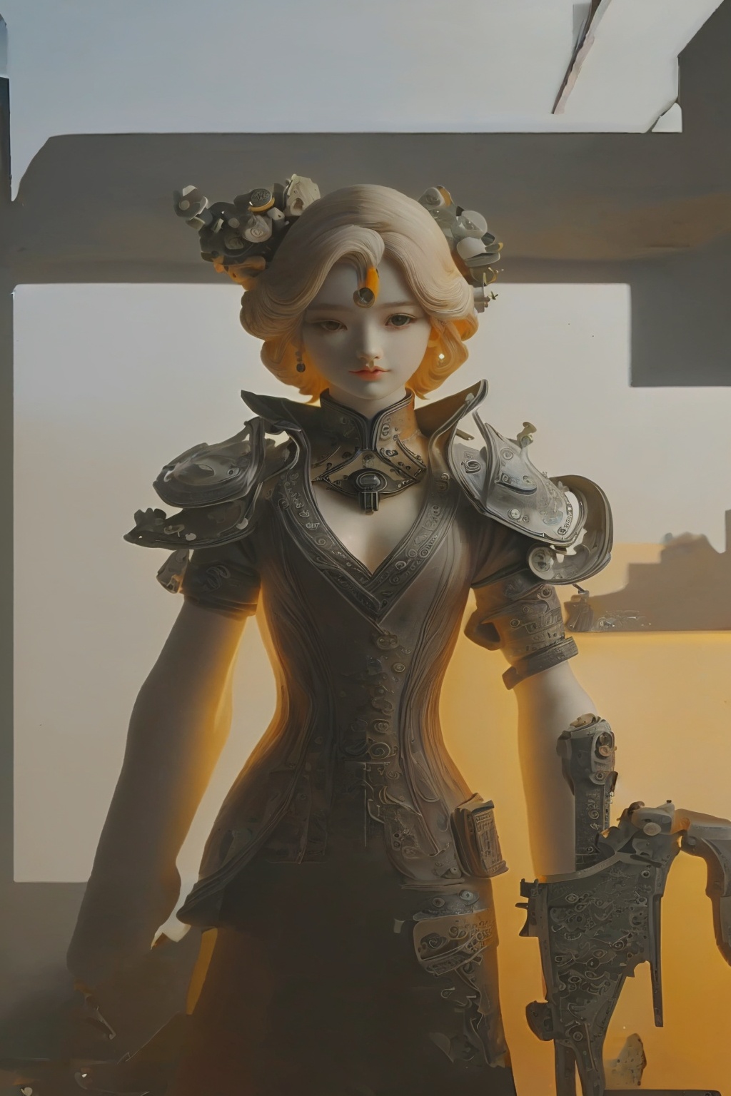 shouban,<lora:手办_v1.0:1>,1girl,steampunk adventurer,metal gear wing back decoration,handheld retro telescope,being in a victorian style mechanical city,the afterglow of the sunset fills the sky,