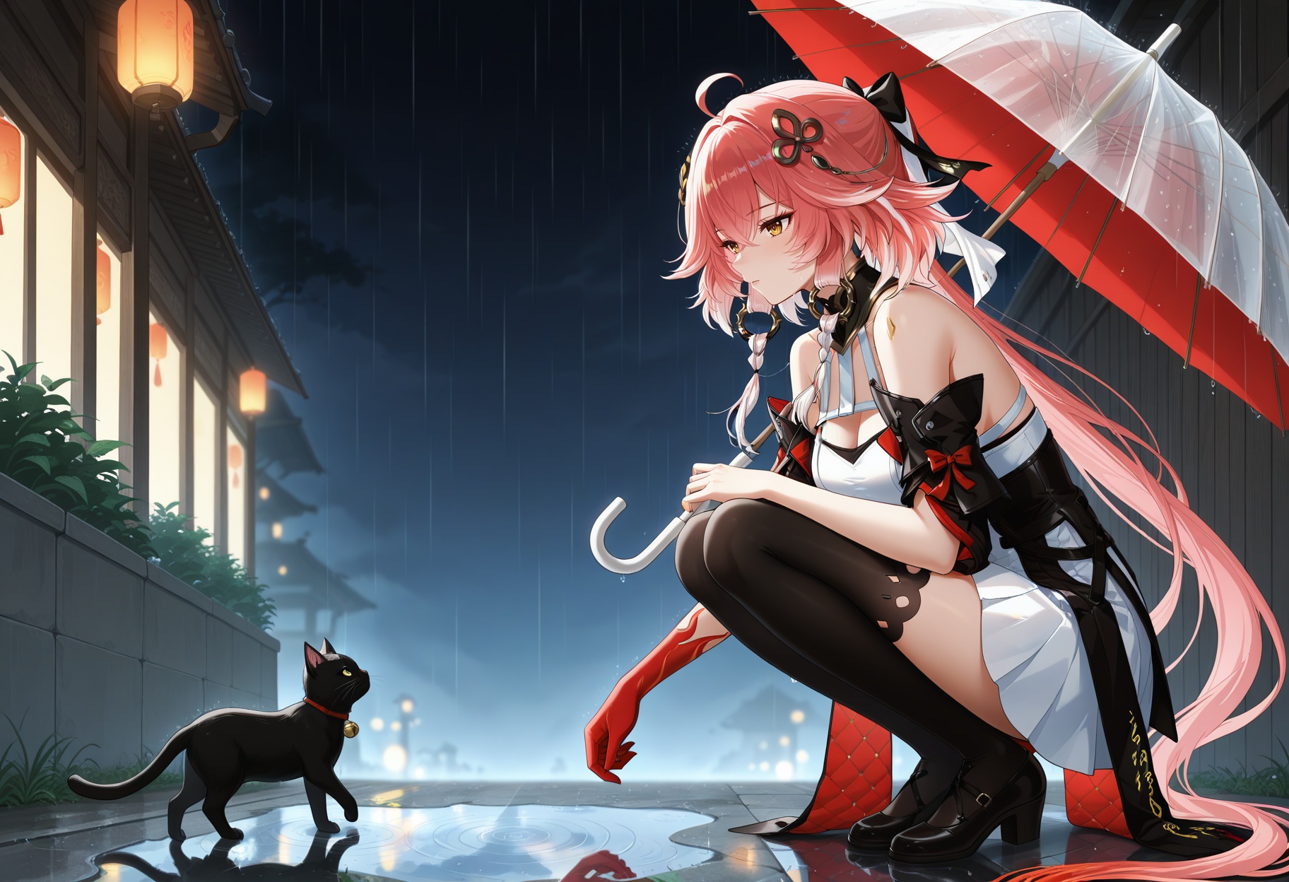 1girl,umbrella,cat,transparent,squatting,black cat,transparent umbrella,holding,rain,outdoors,holding umbrella,from side,reflection,puddle,profile,animal,solo,night,<lora:长离长离:1>,changli,1 woman,yujie,long hair,bangs,hair ornament,thighhighs,gloves,dress,hair between eyes,yellow eyes,pink hair,ahoge,red hair,black thighhighs,white dress,gauntlets,red gloves,single glove,single gauntlet,