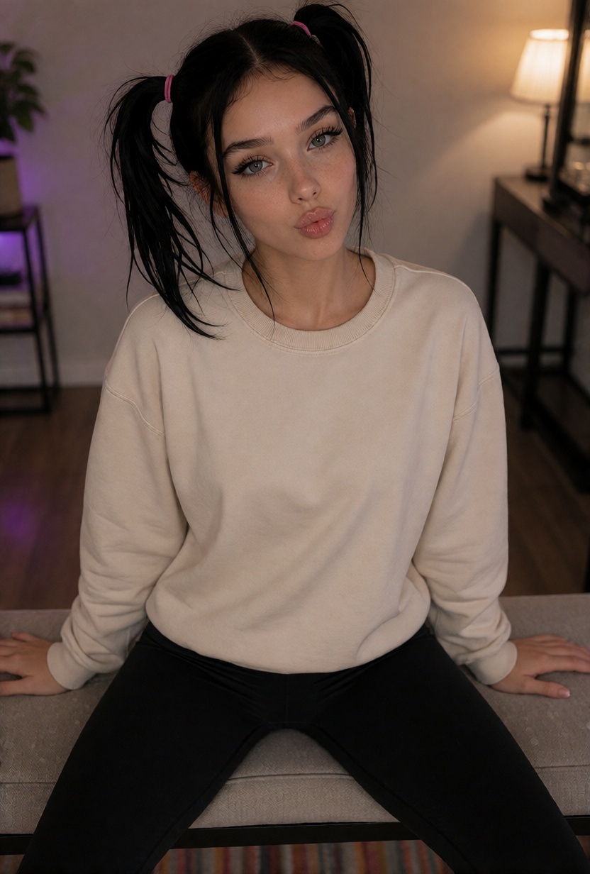 MikaX,  long black hair styled in high twin ponytails with pink hair ties and loose face-framing strands.***** women with...