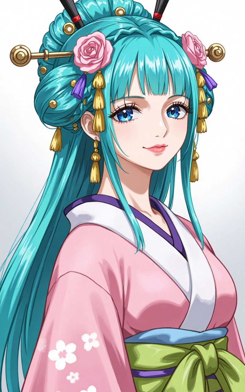 baoshi,lvjing,rihe,rihe,1girl,hair ornament,hair flower,flower,long hair,aqua hair,blue eyes,aqua eyes,blunt bangs,pink flower,1girl,hair ornament,hair flower,flower,long hair,aqua hair,solo,makeup,smile,looking at viewer,hair stick,lipstick,sash,blue eyes,braid,aqua eyes,upper body,blunt bangs,pink flower,japanese clothes,4,cover,simple background,gradient background,close-up details,outstanding style,adding a touch of dimension to your images without compromising details,close-up,lvjing,
