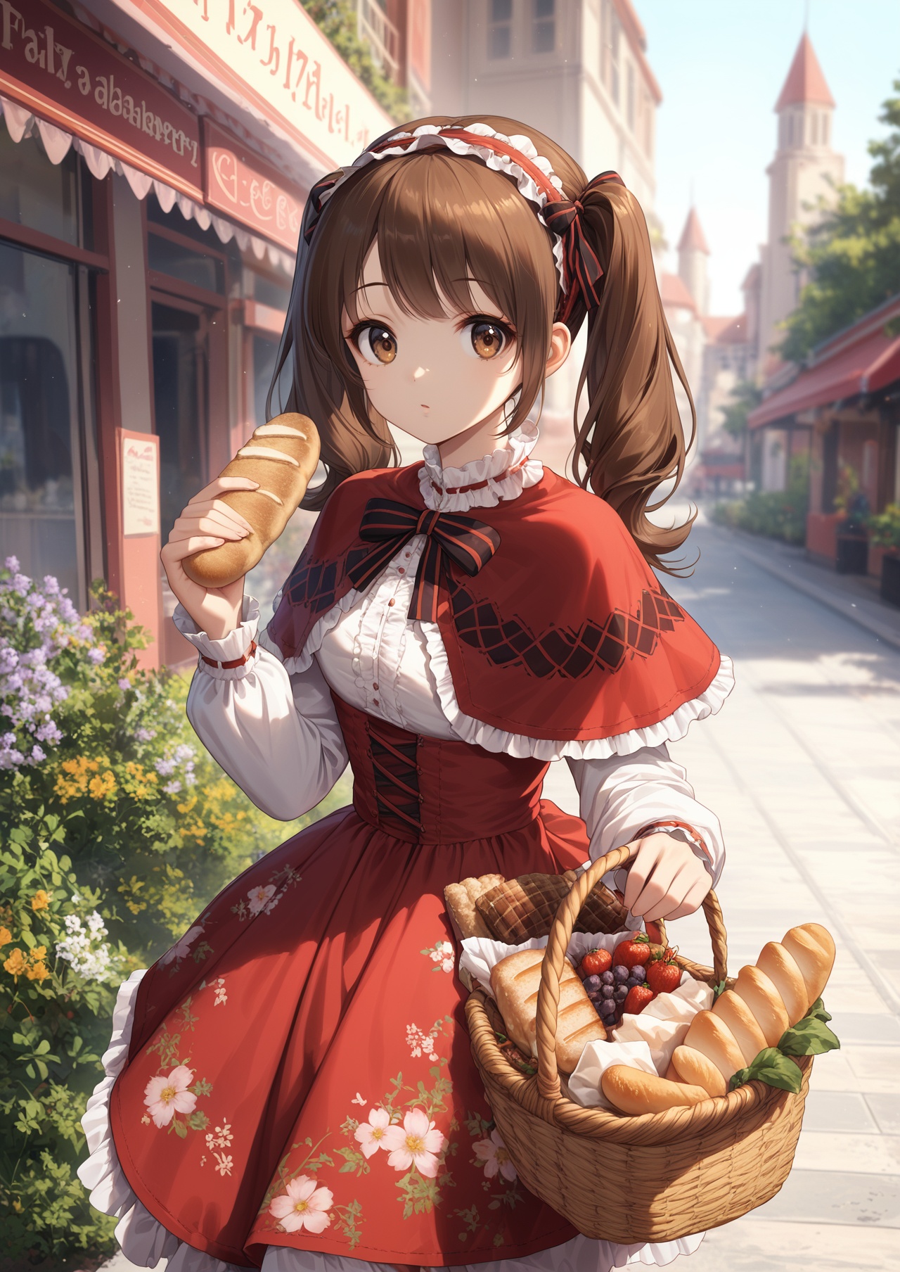 score_10,score_9,score_8_up,score_7_up,1girl,basket,bread,solo,food,brown hair,dress,twintails,brown eyes,blurry,blurry background,lolita fashion,baguette,long sleeves,looking at viewer,red dress,holding,holding basket,long hair,outdoors,capelet,floral print,hairband,red capelet,bow,frills,looking_at_viewer,eye-contact,