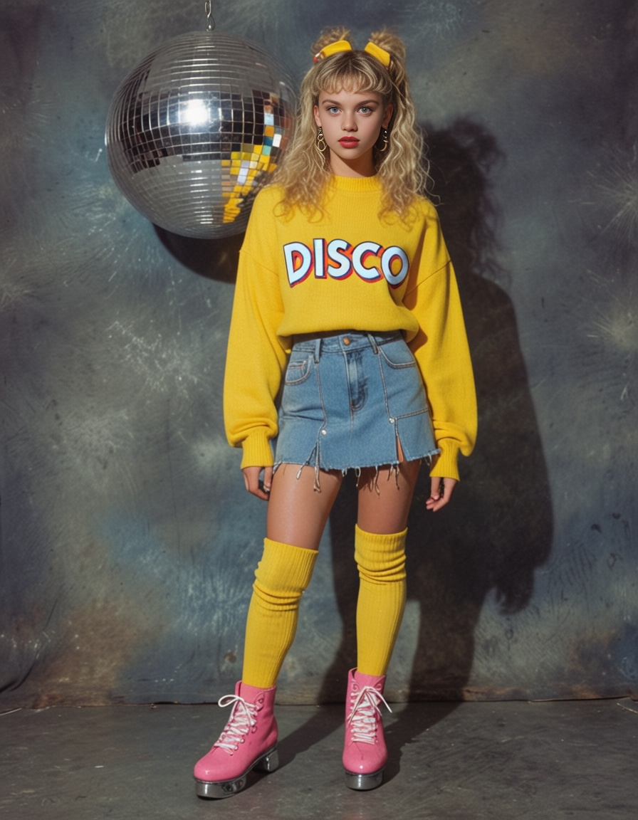 lazypos,  80s style of young woman A retro roller skating rink with a glittering disco ball overhead,  where skaters glide...