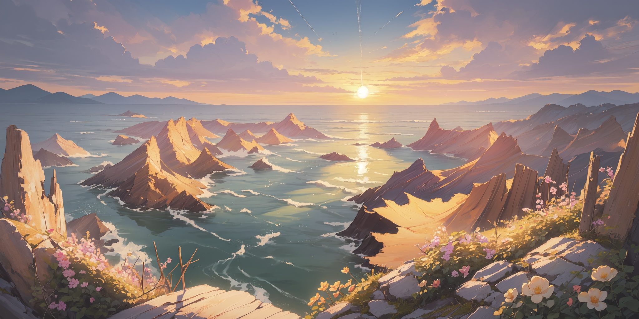 scenery,outdoors,light particles,beautiful detailed sky,beautiful detailed glow,best shadow,panorama,(Canyon, Rocks, Sunset, Colors, Silhouettes, Sky, Serenity, Desert:1.3),(River, Kayak, Afternoon sun, Nature scenery, Paddling, Adventure:1.2),(Cottage garden flowers, Fall foliage, Autumnal charm, Harvest season, English countryside, Rustic beauty:1.1),(masterpiece, best quality, beautiful and aesthetic:1.3),extremely detailed CG,ultra-detailed,beautiful concept illustration,illustration,extremely fine and beautiful,perfect details,<lora:YOUHUA-000018:1>,oil painting \(medium\),