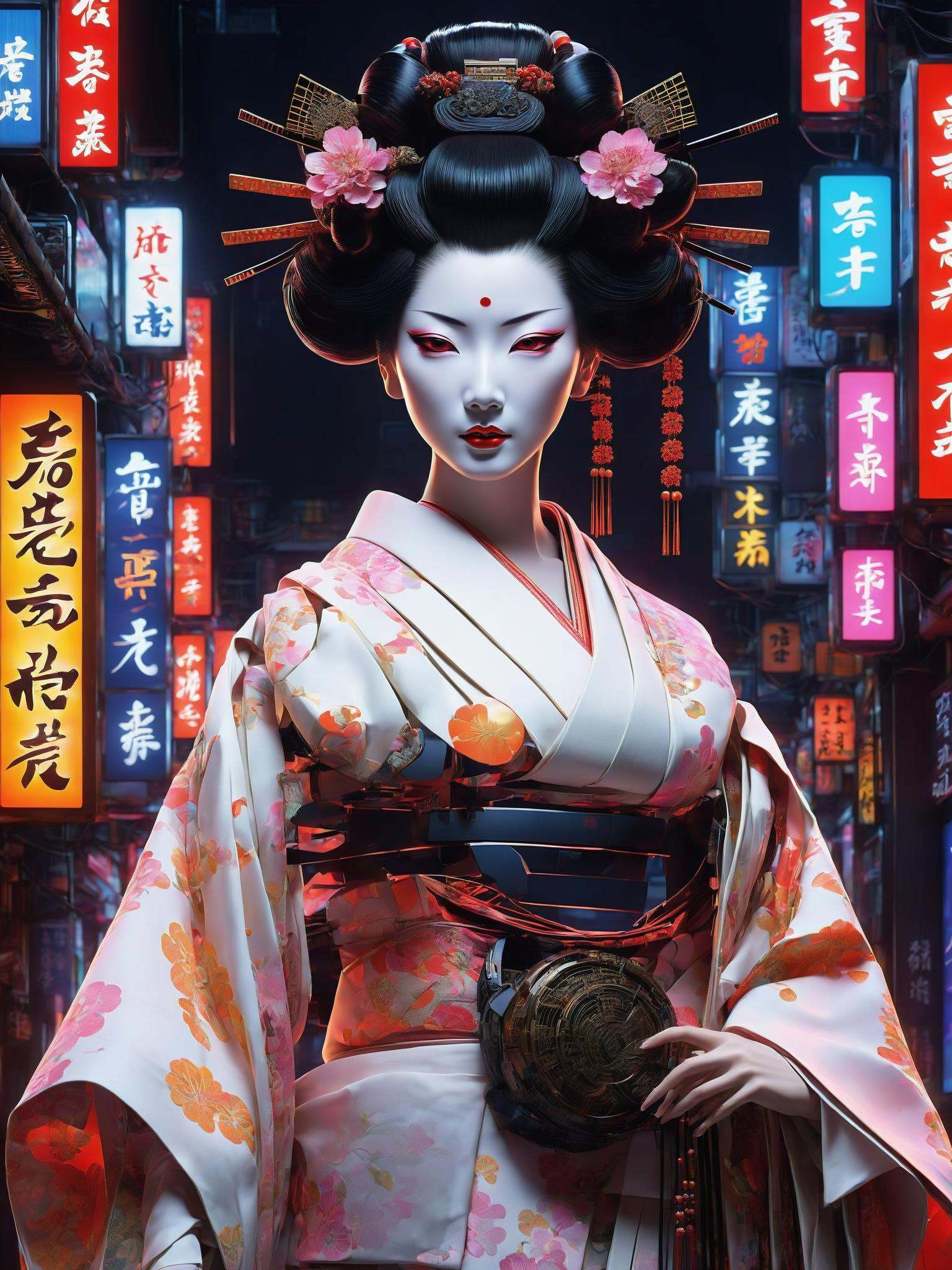 Amidst the labyrinthine alleyways of Neo-Tokyo,  a geisha,  enhanced with cybernetic implants on Tensor.Art