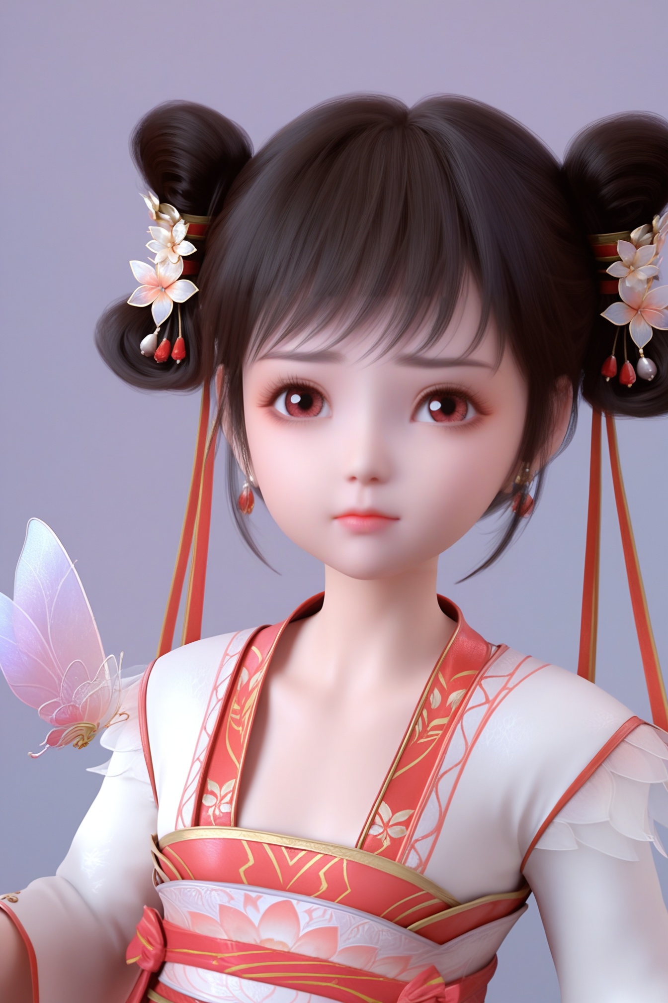 professional 3d model (score_9:1.2),score_8_up,score_7_up,8k,realistic,<lora:斗破苍穹_萧潇_pony_V1:0.8>,toddler,1girl,black hair,long hair,jewelry,earrings,medium breasts,hair ornament,looking at viewer,chinese clothes,This is a digital CGI rendering of a young Asian girl with fair skin and large,expressive red eyes. She has her hair styled in two buns adorned with flowers and butterfly hairpins. She wears a traditional,elegant white and red kimono with intricate gold patterns. Delicate,translucent butterfly-like wings are attached to her hair and the kimono.,(shiny_skin),<lora:e色温:0.5>,portrait,upper_body,white_background,simple_background,. octane render,highly detailed,volumetric,dramatic lighting,