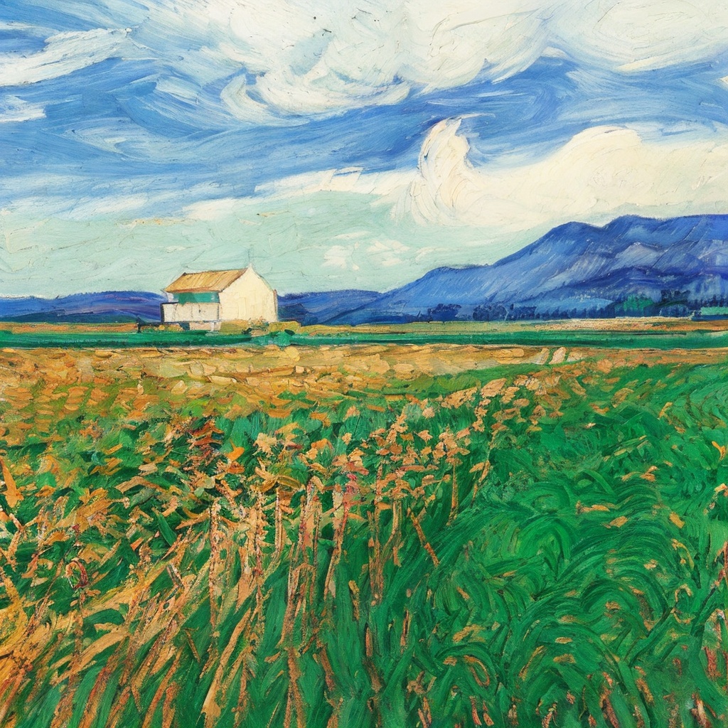 van gogh,impressionism,painting,oil_painting,scenery,mountain,blue sky,white cloud,trees,plant,wheat field,crow,bird,masterpiece,the ultimate detail,high definition,medium shot,((sunflower)),   <lora:印象派梵高1.0:0.9>