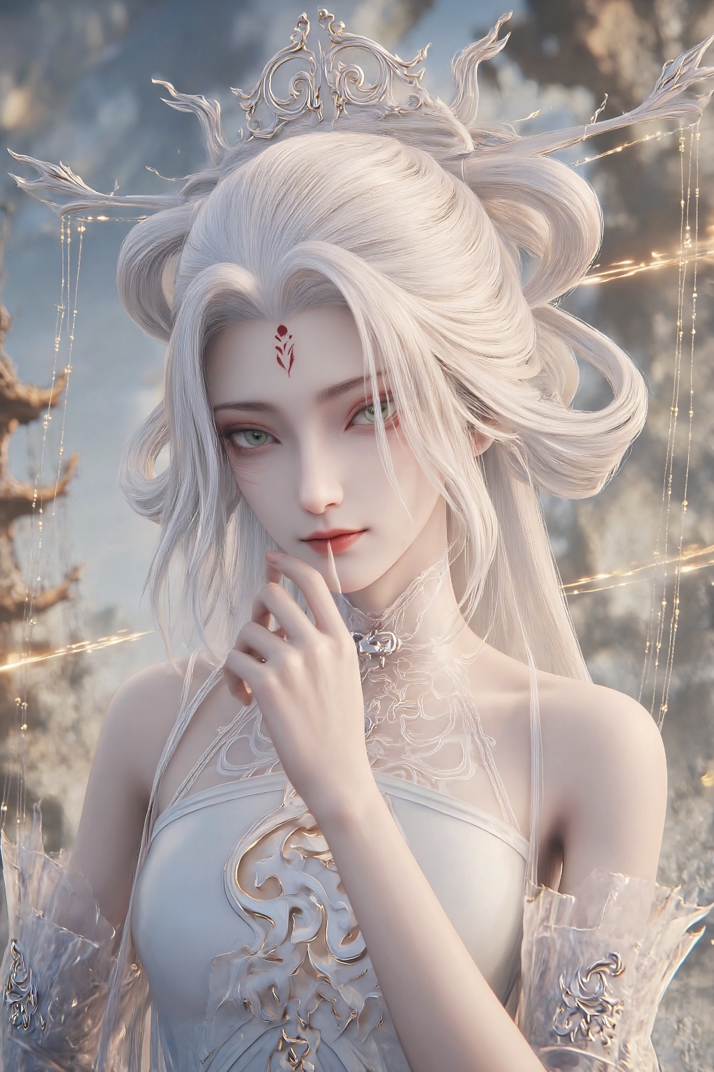 xb,hjqm,xb,This is a highly detailed CGI image of a pale-skinned,ethereal woman with long,flowing white hair and striking green eyes. She wears a white,ornate dress with intricate patterns and a red mark on her forehead. Her delicate hand rests near her face,adding a contemplative mood. The background is a soft,blurred blue,enhancing her otherworldly appearance,The background features a traditional Chinese pagoda and golden,glowing particles. The style is highly detailed and realistic,with a fantasy element.,