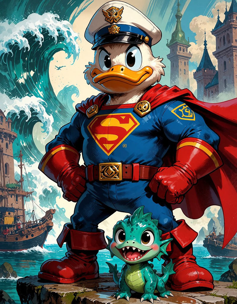 Retro pulp comic style portrait of an anthropomorphic duck superhero captain in a fantasy harbor city. He wears a heroic n...