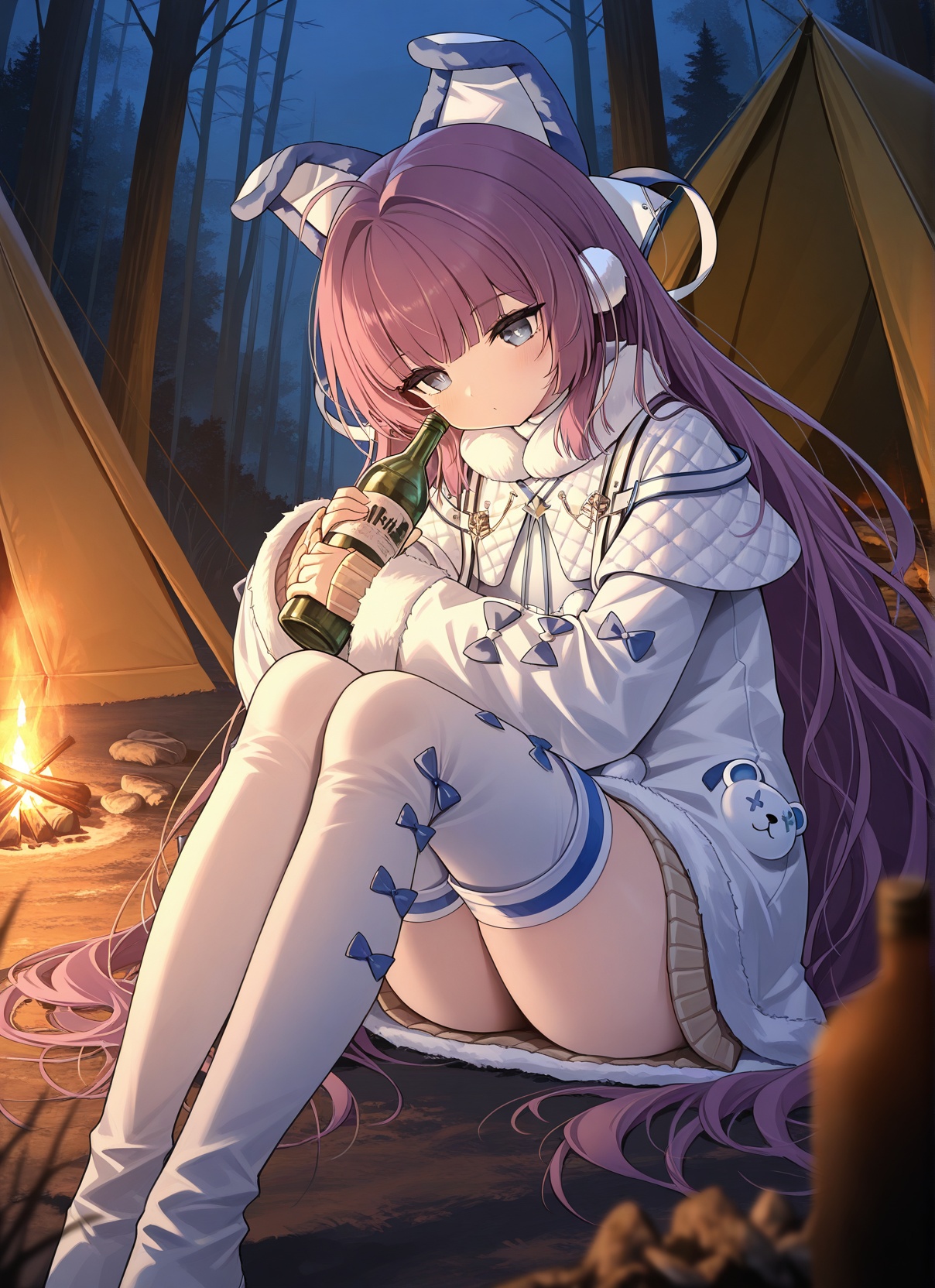 <lora:tashkent_IL_v1.0:1>,tashkent \(azur lane\),winter clothes,vodka,holding bottle,sitting,campfire,tent,blurry foreground,solo,foreshortening,fetal position,boots,thighhighs,solo,forest,night,feet out of frame,, masterpiece,best quality,