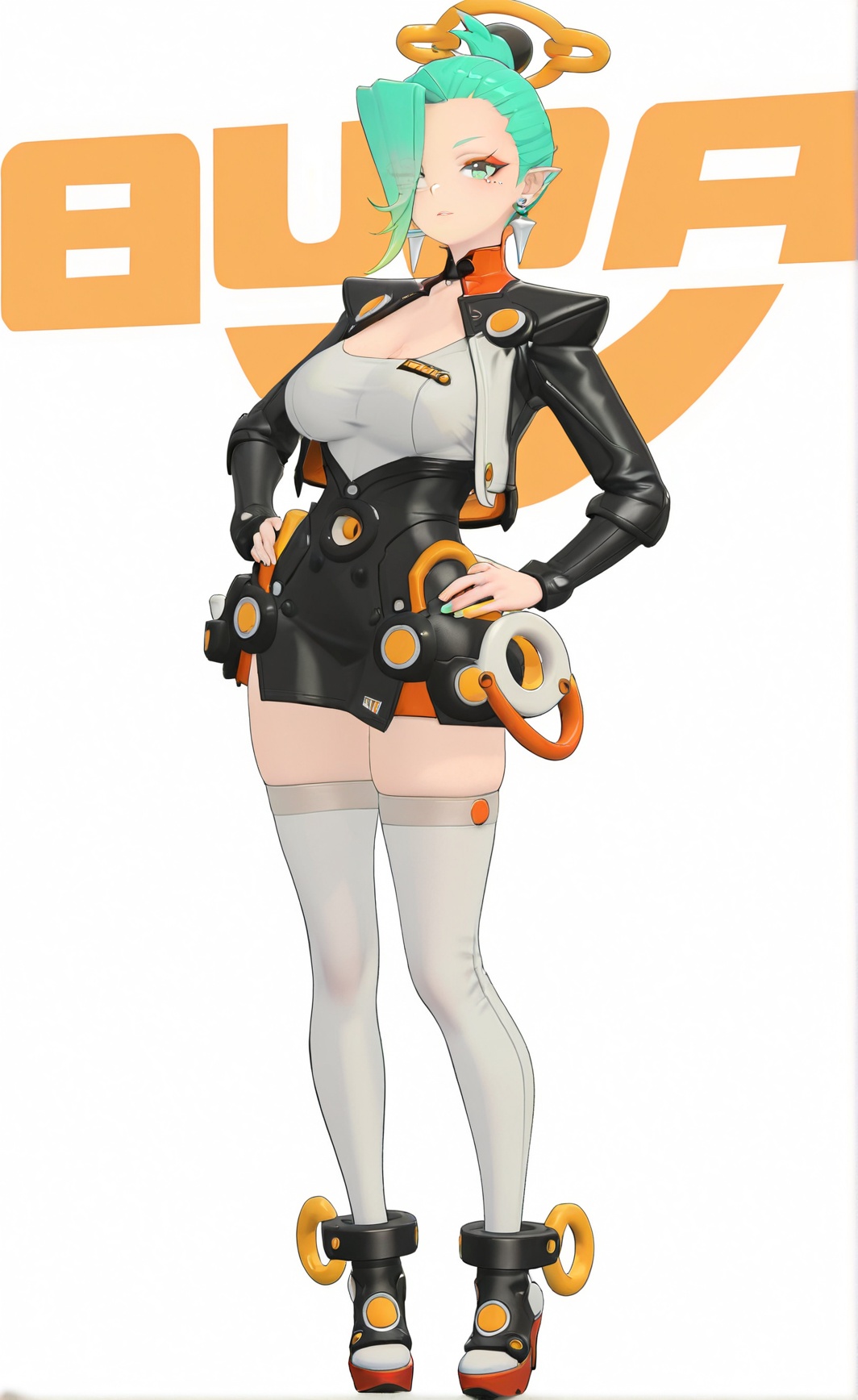 8k, best quality, masterpiece, (ultra-detailed), white background, (full body:1.2), standing, looking at viewer, (solo:1.2), hands on  hip, <lora:zzzstyle-artiwaifu-Tanger-000011:0.7>, bosha, bosha's def clothes, zzz style, green hair, 1girl, cleavage, jacket, white thighhighs, long sleeves, thighhighs, breasts, green eye, earrings, (hair over one eye:1.2), 