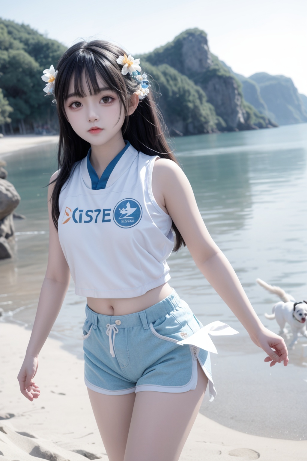 best quality,masterpiece,illustration,an extremely delicate and beautiful,extremely detailed,CG,unity,8k wallpaper,Amazing,finely detail,masterpiece,best quality,official art,extremely detailed CG unity 8k wallpaper1 girl,beach,walking,sports shorts,sports vest,puppy,empty hand,