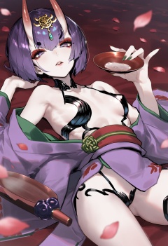 best quality, masterpiece, 1girl, solo, revealing clothes, shuten douji \(fate\), horns, purple kimono, kimono, japanese clothes, breasts, oni horns, small breasts, short hair, purple eyes, oni, looking at viewer, cup, sakazuki, purple hair, lying, bangs, sash, headpiece, on back, bare shoulders, bob cut, obi, makeup, skin-covered horns, wide sleeves, petals, long sleeves, eyeliner, parted lips, alcohol, off shoulder, holding  <lora:rsefXLlokr4f-000143:0.95>