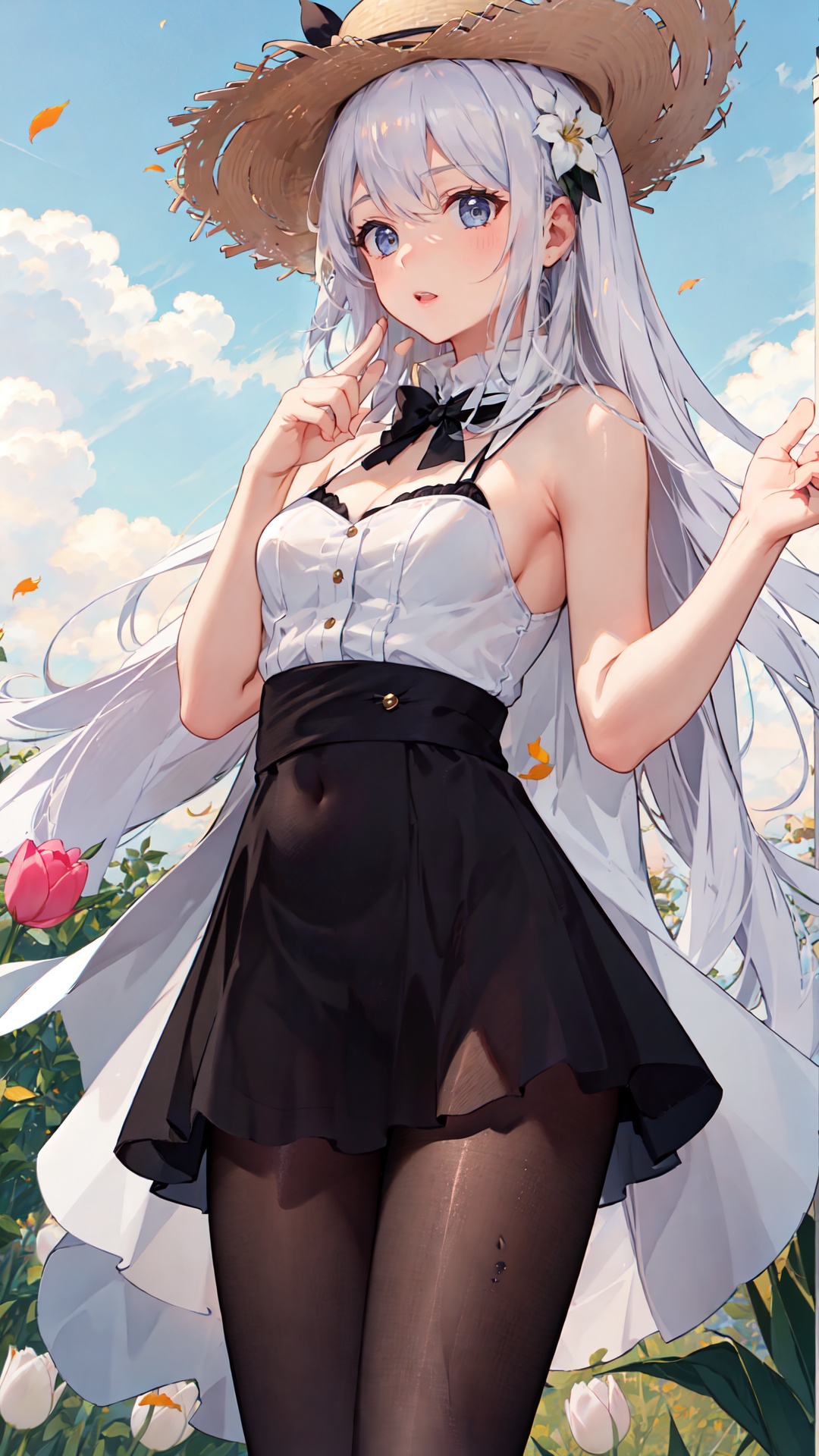 tutututu,black pantyhose,finely detail, Depth of field,(((masterpiece))),((extremely detailed CG unity 8k wallpaper)),best quality, high resolution illustration,Amazing,highres,intricate detail,(best illumination, best shadow, an extremely delicate and beautiful),1girl, hat,solo,white hair, long_hair,  bare_shoulders, sleeveless,hat_flower,straw_hat,white sundress,straw hat, looking_at_viewer, Lilac eyes,Lovely face,open one's mouth,middle finger,show the middle finger,(((Tyndall effect))),dappled sunlight,cloud, flower, autumn_leaves, outdoors, autumn, blue_sky, leaf, sunset, cloudy_sky, burning, owl, maple_leaf,tulips,<lora:merged_0024:0.7>,