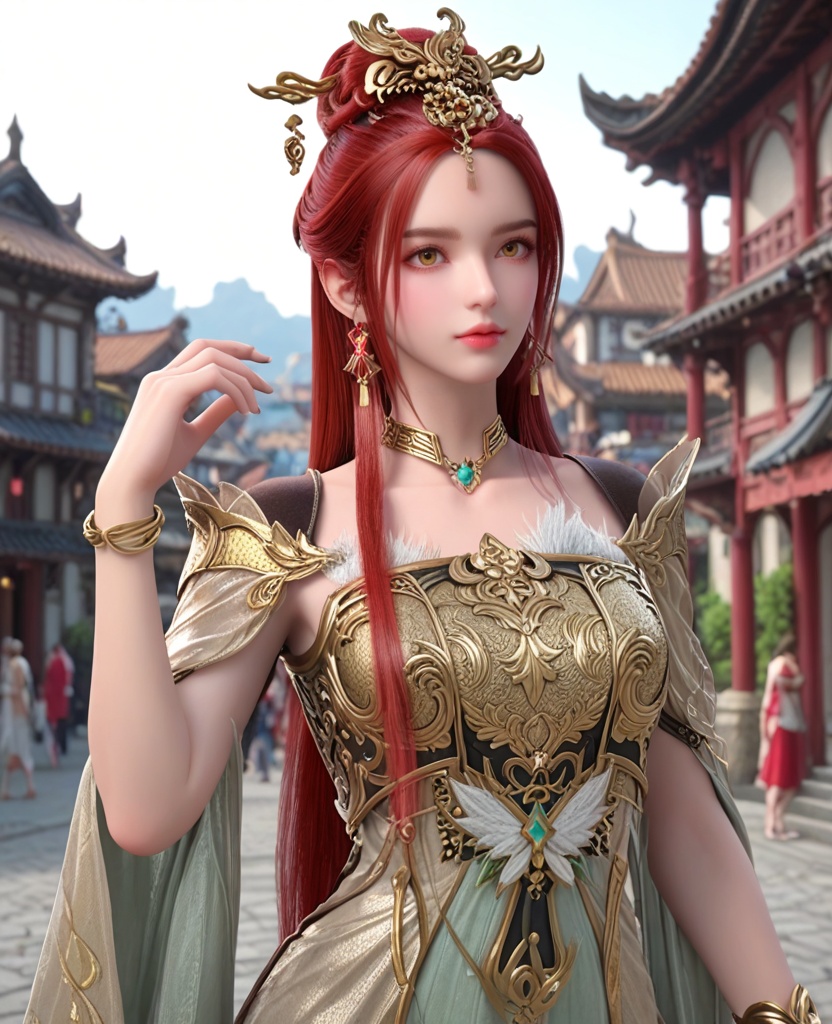 (oriental architecture, elegant decor, sophisticated style:1.1),(dynamic pose:1,2),(breasts:1.2),<lora:XL完美世界天人族姐妹花P2:0.9>,elder sister,armor,red hair,hair stick,yellow eyes,earrings,jewelry,necklace,bracelet,, zPDXL2, score_9, score_8_up, score_7_up BREAK realistic, masterpiece,best quality, highly detailed,, zPDXL3, zPDXL2,zPDXL, zPDXLxxx, zPDXLrl,