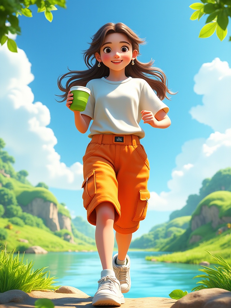 miluo_3d,3D, A young girl with long hair, wearing orange cargo pants and white sports shoes, is holding a cup of green tea in one hand while running forward. The background features grasslands, rivers, a blue sky with white clouds, and green leaves swaying gently around the character's body. The dynamic pose showcases high-saturation colors and high-definition details.<lora:miluo丨3D 1.3:0.8>