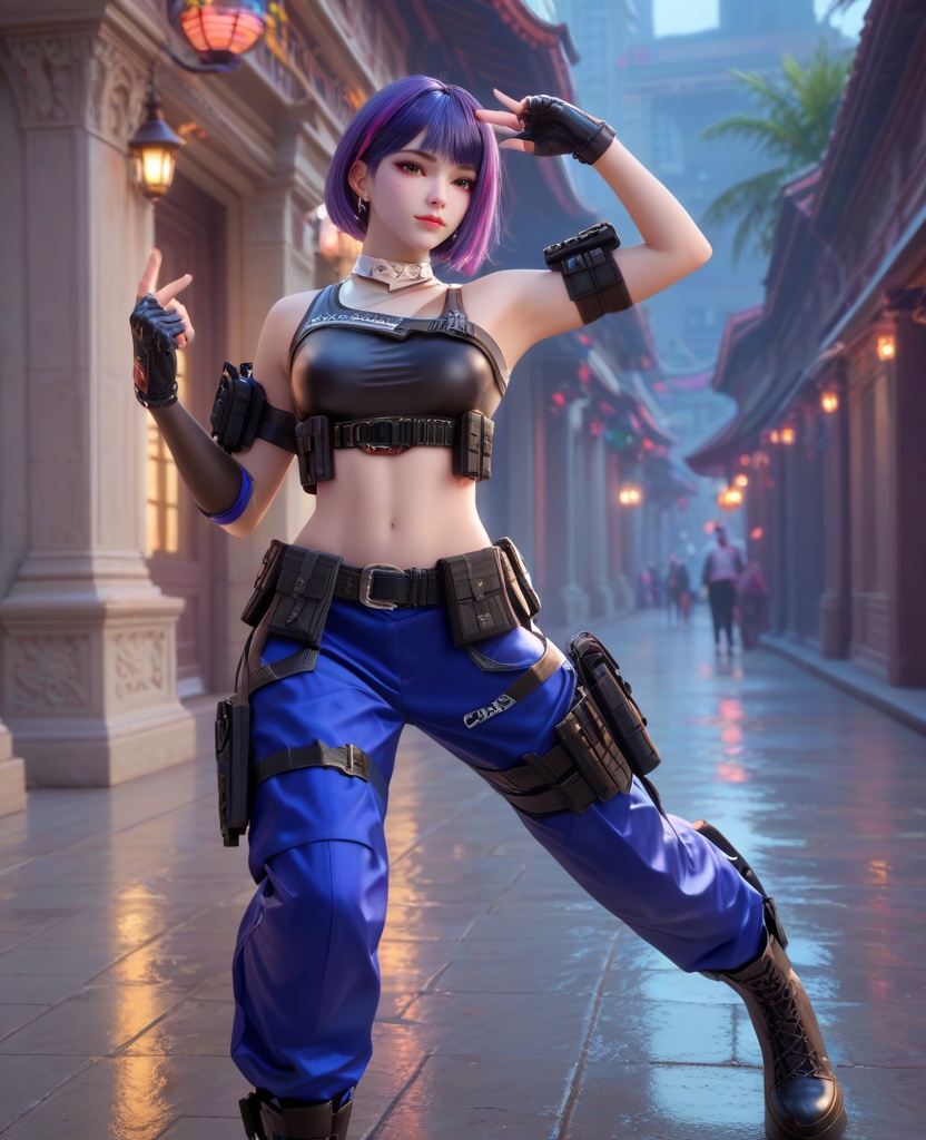 (oriental architecture, elegant decor, sophisticated style:1.1),(standing, a eagle standing on her arm:1.1),(breasts:1.2),<lora:XL16穿越火线雨墨保卫者:0.95>,miss yumo,black crop top,white one-shoulder combat sleeve,brown eyes,synthwave streaked hair,bob cut,purple hair,asymmetrical sleeves,black fingerless gloves,midriff,blue pants,belt,holstered,earrings,jewelry,black combat boots,, score_9,score_8_up,score_7_up,score_6_up,score_5_up,score_4_up,3d rendering,tag1,tag2, Cinematic Lighting,backlighting,, zPDXL3, zPDXL2,zPDXL, zPDXLxxx, zPDXLrl,