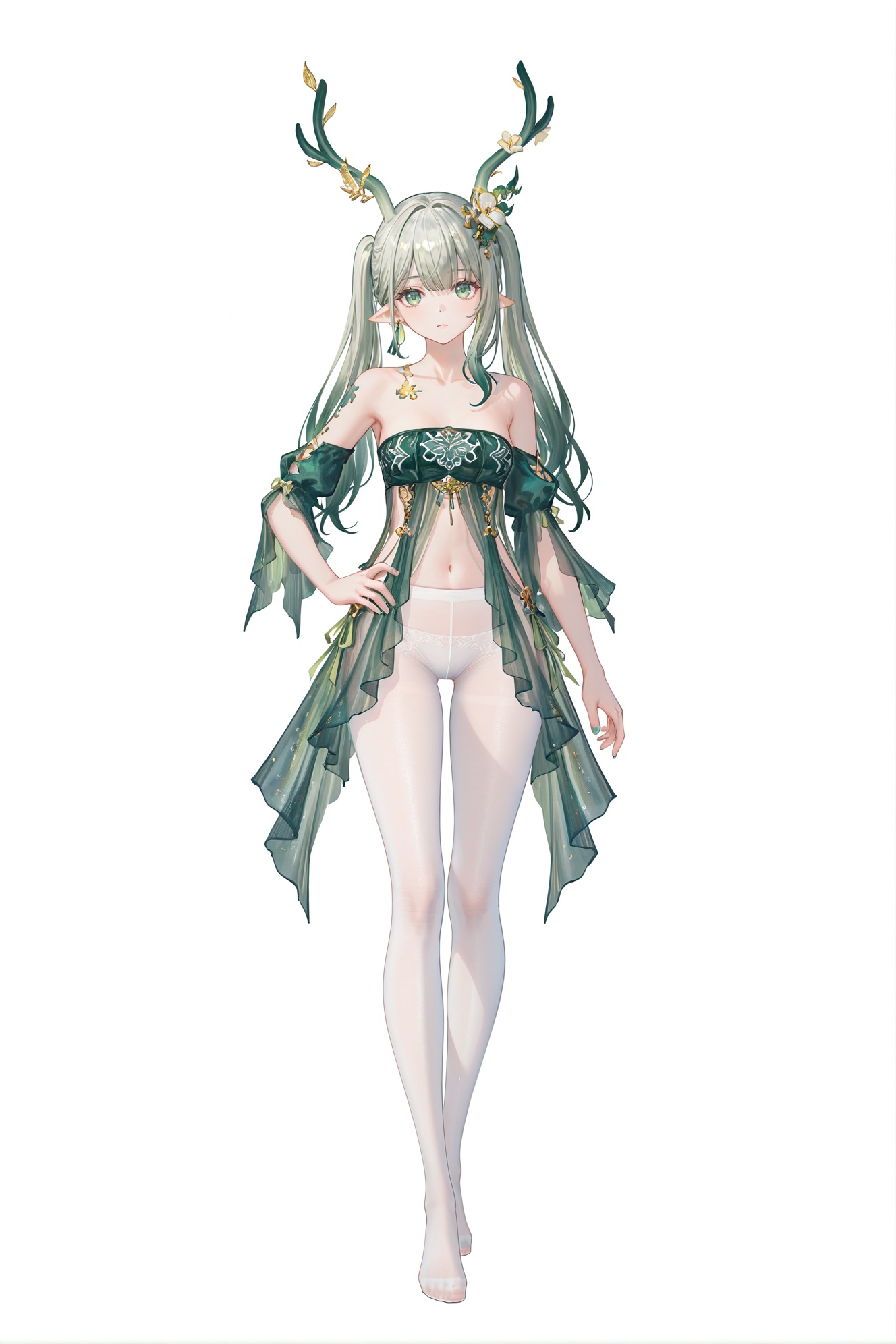 8k,best quality,masterpiece,(ultra-detailed),(high detailed skin),((artist:reoen),(artist:fuzichoco),(artist:atdan),(artist:torino_aqua),year 2024:0.8)1girl,[artist:wlop],[artist:ningen_mame],artist:ciloranko,[[artist:rhasta]],artist:tidsean,colorful,full body,full shot,standing,(solo:1.2),simple background,(white background:1.2),hand on own hip,(white background:1.1),<lora:weimo-ill-Tanger-000013:0.8>,weimo \(book of yog\),weimodef,clothes: weimodef clothes,weimodef green Tube Top,weimodef flower hair ornament,weimodef white pantyhose,weimodef green-and-white deer horns,twintails,1girl,long hair,antlers,see-through,grey hair,green hair,multicolored hair,weimodef green ribbon,green Lappets,white panties,