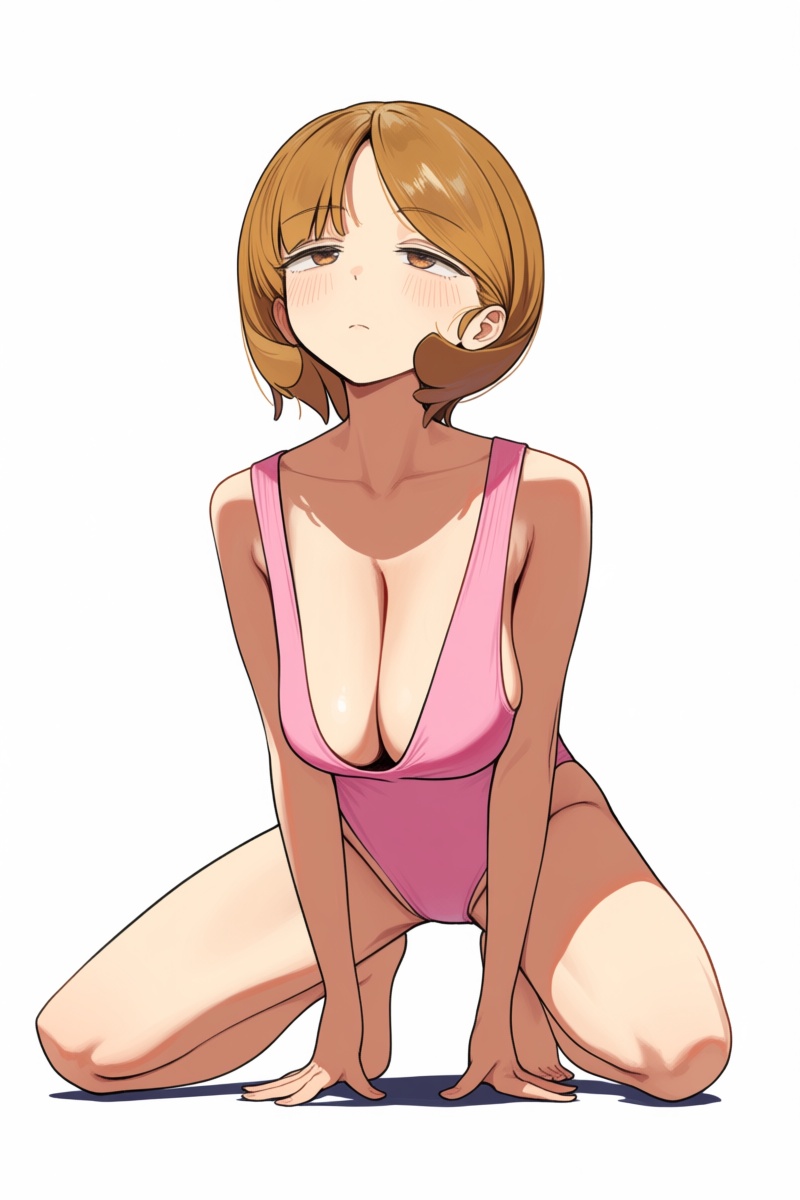 @smnlsst,  The image depicts a young woman with short,  light brown hair kneeling on the ground. She is wearing a pink nar...