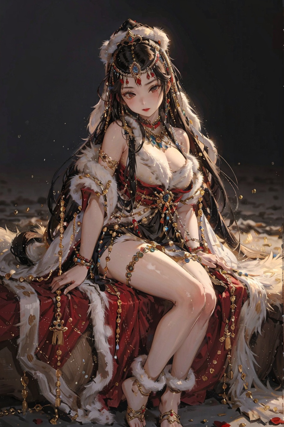 masterpiece,best quality,1girl,jewelry,<lora:BLGZ_2-000006:0.5>,full body,Noble Mongolian princess with flowing hair under a traditional fur hat,