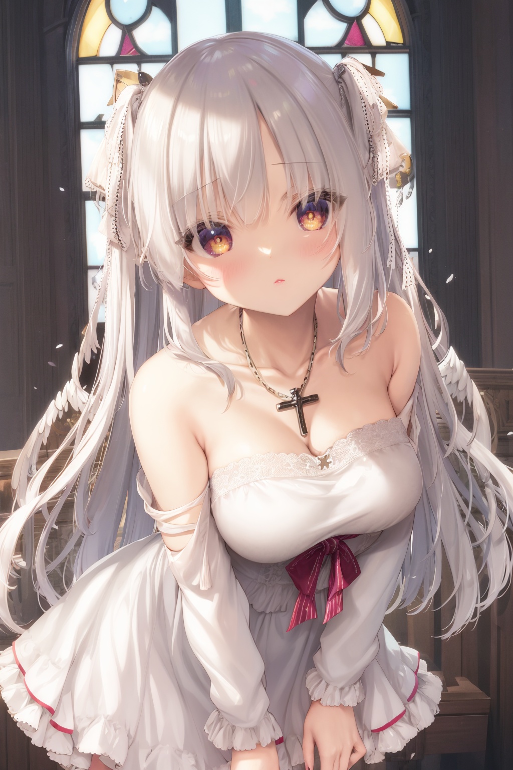 <lora:艺术家_ゆき恵1-000015:1>, (masterpiece, high quality, highres,Highest picture quality), (Master's work),(religion theme :1.25),blurry background,warm light,, (colorful:0.7),(church:1.1), (Flower window glass,tyndall effect:1.05), floating white feathers, (halo:0.95),light on face,(zentangle:1.3),(closed eyes:0.55),eyelashes,(1loi:1.1),angel,angel wings,white wings,huge wings,solo,collarbone,(crucifix:1.1) necklace,ornament,(blush:0.6), (ahoge:1), (makeup:0.5), small breasts, (head tilt:0.75),white dress,see-through, floating in the air, graceful,noble, barefoot, Standing at an angle,(from side:0.8),bare shoulders, shiny skin, shiny hair,long hair, peaceful,(bright pupils:1.1), yellow eyes, white hair, floating hair,cold face