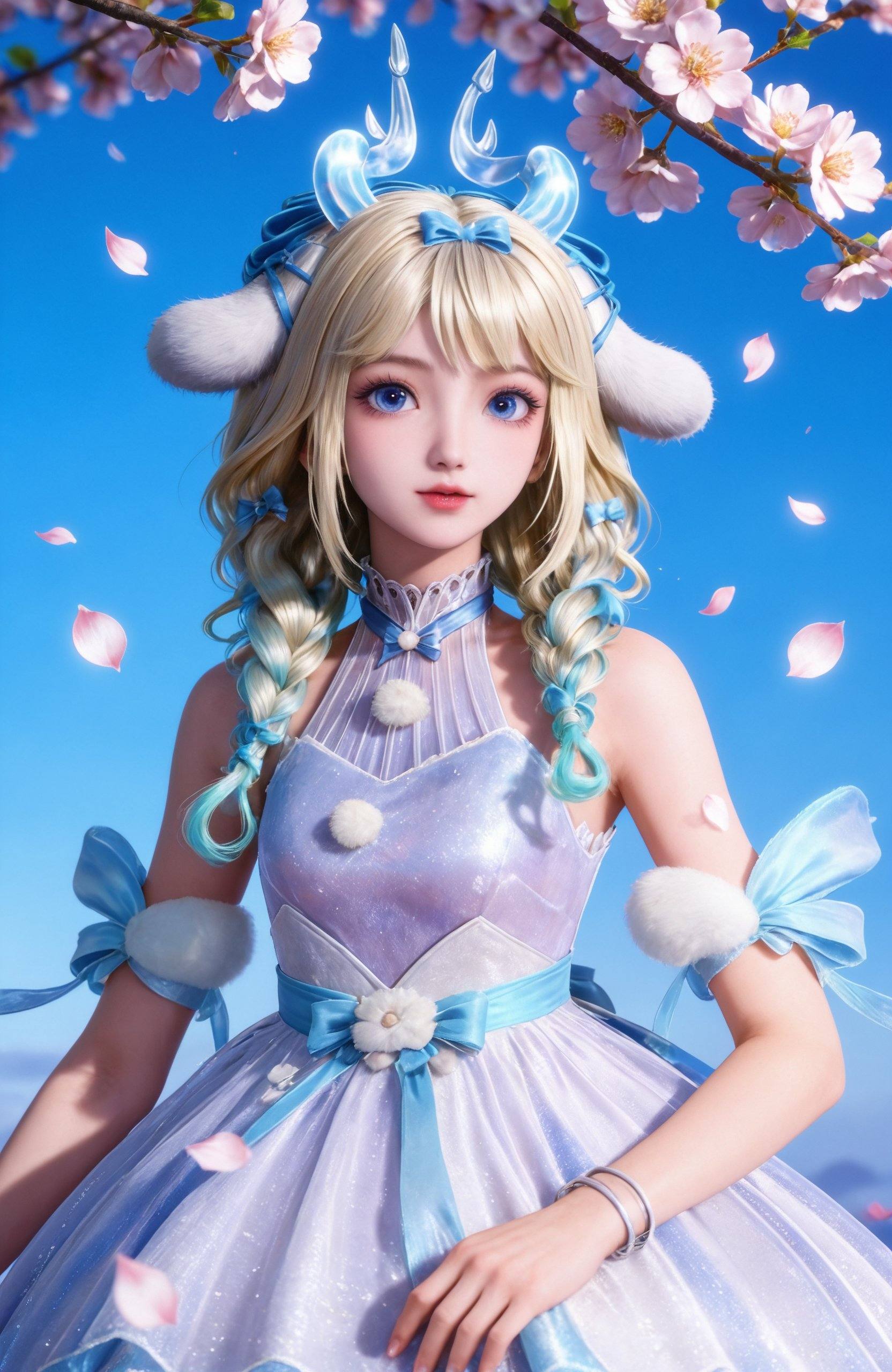 <lora:王者荣耀-瑶-大耳狗Pony:0.7> 1girl, blonde hair, blue eyes, animal ears, bow, multicolored hair, braid, long hair, horns, twin braids, white dress, ribbon, bracelet, thighhighs, white thighhighs, bare shoulders, sleeveless, high heels, masterpiece,best quality,amazing quality,very aesthetic,high resolution,ultra-detailed,absurdres,scenery,photorealistic,looking at viewer,moody lighting,peach blossom,falling petals,realistic,photorealistic details,, solo,upper body,looking at viewer,gradient background,gradient,blue background,black background,