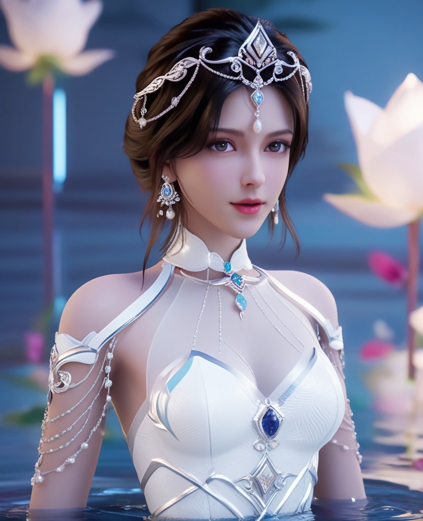 <lora:613-DA-XL-神印王座-白玥:0.8>(,1girl, ,best quality, ),looking at viewer,  ,ultra detailed background,ultra detailed background,ultra realistic 8k cg,, ,masterpiece,((((1girl, solo,  , solo focus, ,walking on liquid, ))))    (cleavage), (), ,ultra realistic 8k cg,   clean, masterpiece,     cinematic lighting, cinematic bloom, , (( , )),,  , unreal, science fiction, luxury, jewelry, diamond, gold, pearl, gem, sapphire, ruby, emerald, intricate detail, delicate pattern, charming, alluring, seductive, erotic, enchanting, hair ornament, necklace, earrings, bracelet, armlet,see-through sleeves, ,
