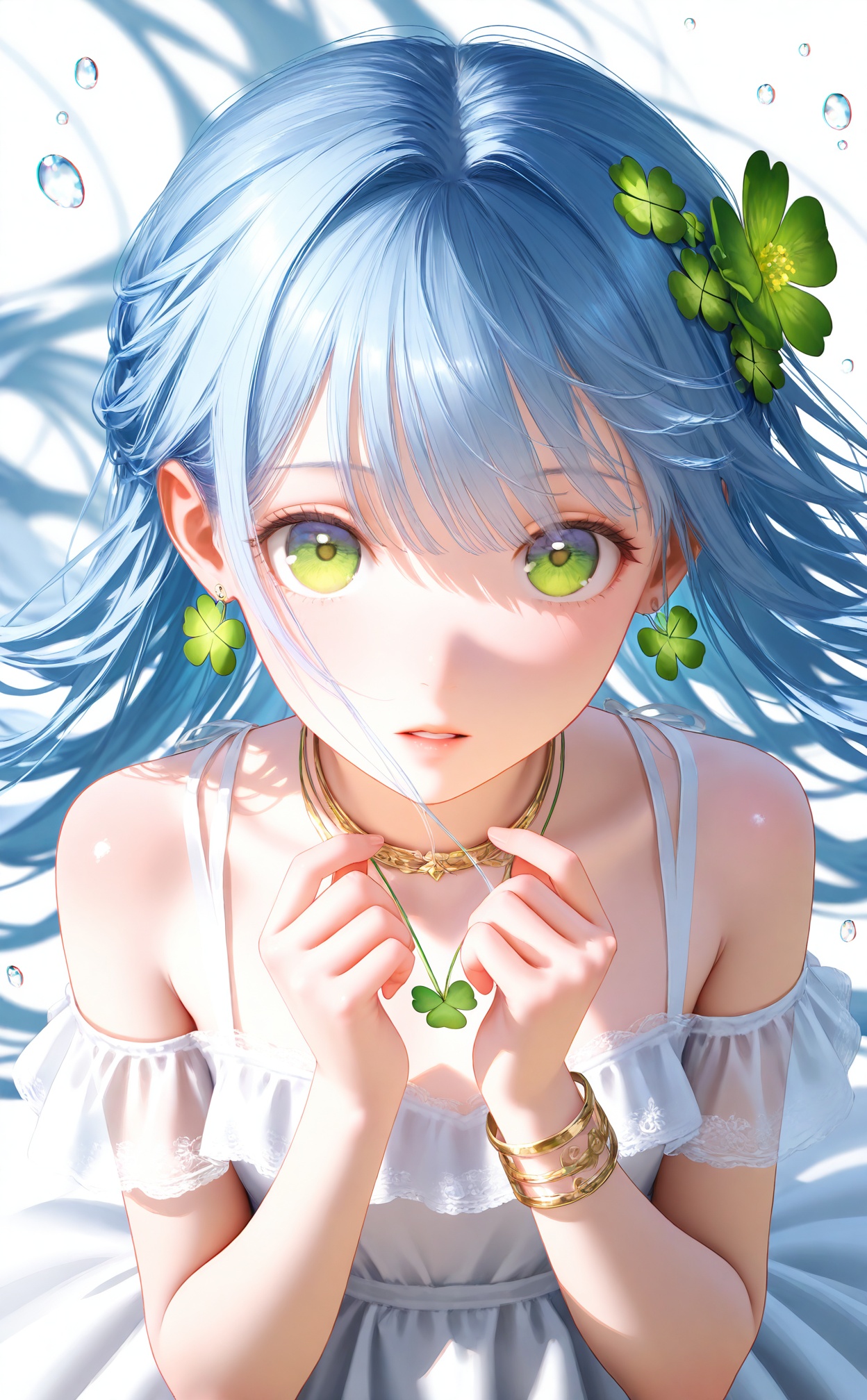 masterpiece,very aware,(highres),absurdres,newest,best quality,high quality,loli,petite,chromatic_aberration,white_background,//,1girl,solo,jewelry,long hair,dress,hair ornament,green eyes,earrings,flower,clover,white background,hair flower,looking at viewer,white dress,water drop,four-leaf clover,blue hair,upper body,simple background,parted lips,clover hair ornament,bangs,bare shoulders,hands up,green flower,flower earrings,breasts,lips,floating hair,very long hair,see-through,off-shoulder dress,//,year_2023,year_2024,//,official art,depth of field,detailed light,blurry background,best shadow,shiny skin,cinematic lighting,ray tracing,amazing quality,very aesthetic,absurdres,beast quality,ultra detailed,newest,8K,HDR,