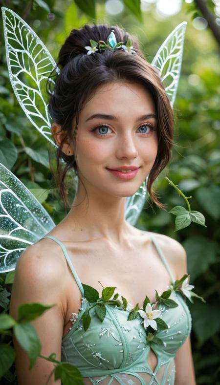 score_9_up, score_8_up, score_7_up, Raw Photo, Portrait, girl, fairy, cute, seductive, innocent, light smile:0.3, plump lips, slender body, glittering translucent fairy wings, pale mystical warm skin and a slim body shape, light pastel colors |blue|green|purple|silver|, in a magical woodland with vines and flowers and leaves, depth of field, dynamic angle, photo realistic:1.4, realistic skin:1.4, fashion photography, sharp, analog film grain, hyperdetailed:1.15