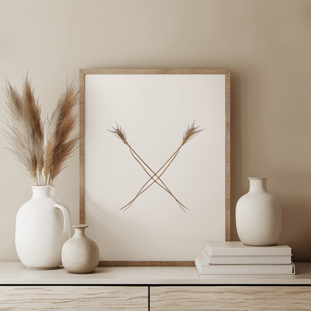 jingwu, This image displays an interior decoration scene. The center position is a wooden frame painting, with a white vase and several books placed on both sides of the painting. There are several pieces of hay inserted in the vase, adding a touch of natural atmosphere. The overall color tone is soft, mainly in beige and wood, creating a warm and peaceful atmosphere..,<lora:sanjing-XL:0.8>,